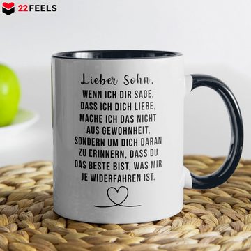 22Feels Tasse Sohn Geschenk Geburtstag 18 Jahre Kind Abi Master Bachelor Weihnachten, Keramik, Made in Germany, Spülmaschinenfest, Zweifarbig