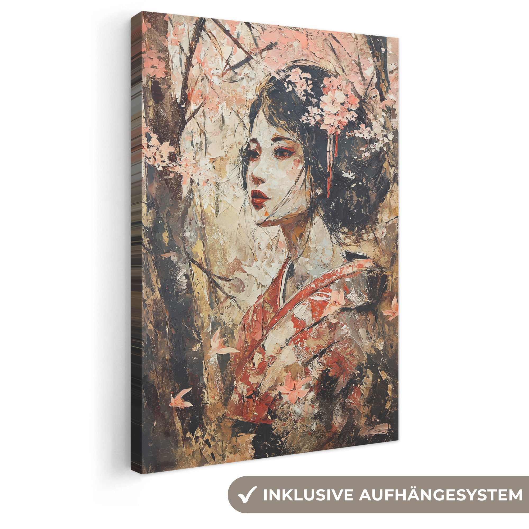 OneMillionCanvasses® Leinwandbild Kimono - Frau - Kirschbäume, Fotodruck (1 St), Leinwand Canvas Wandbild, Wanddekoration 20x30 cm