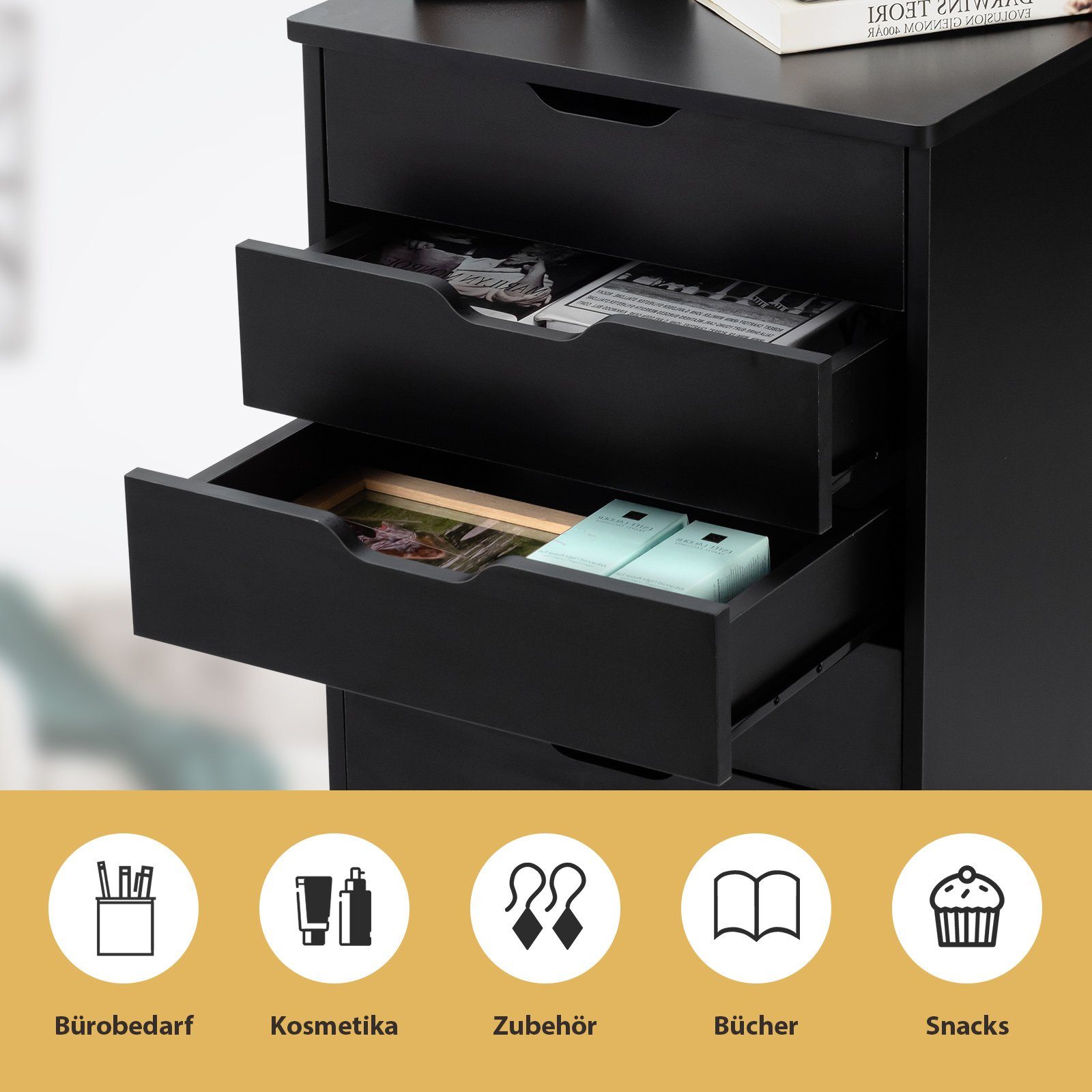 COSTWAY Rollcontainer, Bürocontainer mit Rollen, Schubladen, 49,5x41x66,5cm