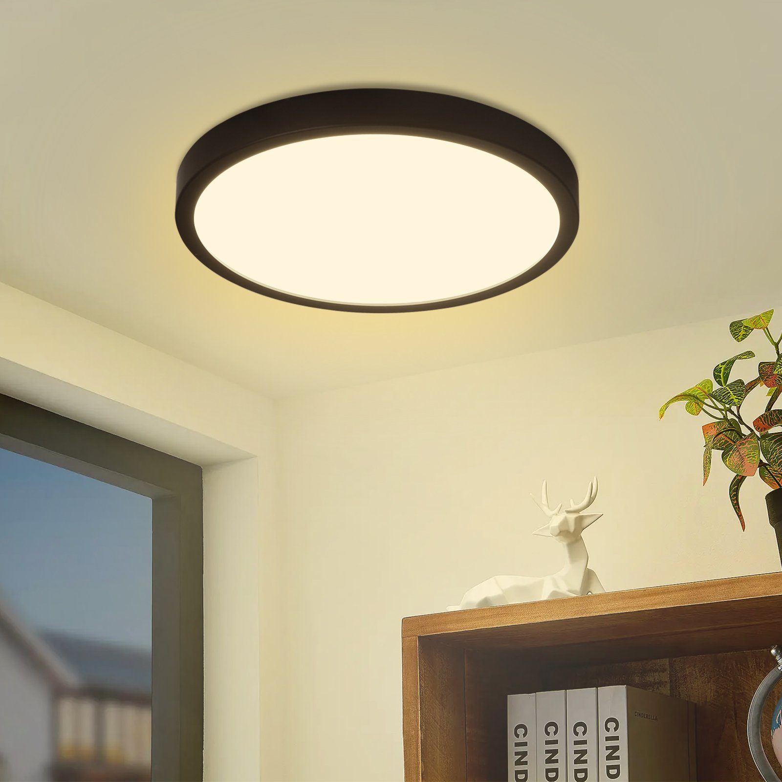 Nettlife LED Panel Schwarz Deckenlampe Rund Flach Modern Ultra Dünn, IP44 Wasserdicht, LED fest integriert, Warmweiß, für Wohnzimmer Badezimmer Schlafzimmer Flur, 24W, 23 x 23 x 2.1 cm