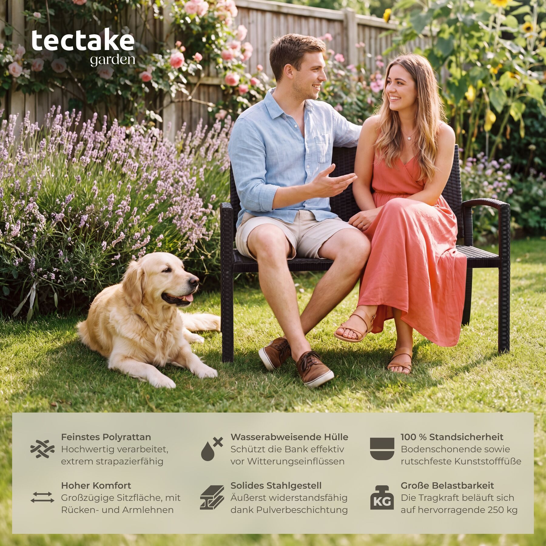 tectake Gartenbank Polyrattan Sitzbank wetterfest 2-Sitzer, mit Schutzabdeckung, 250 kg (Terrassenbank Murat, in Schwarz), Inkl. Schutzhülle, stabiles Stahlgest – Bild 2 von 5