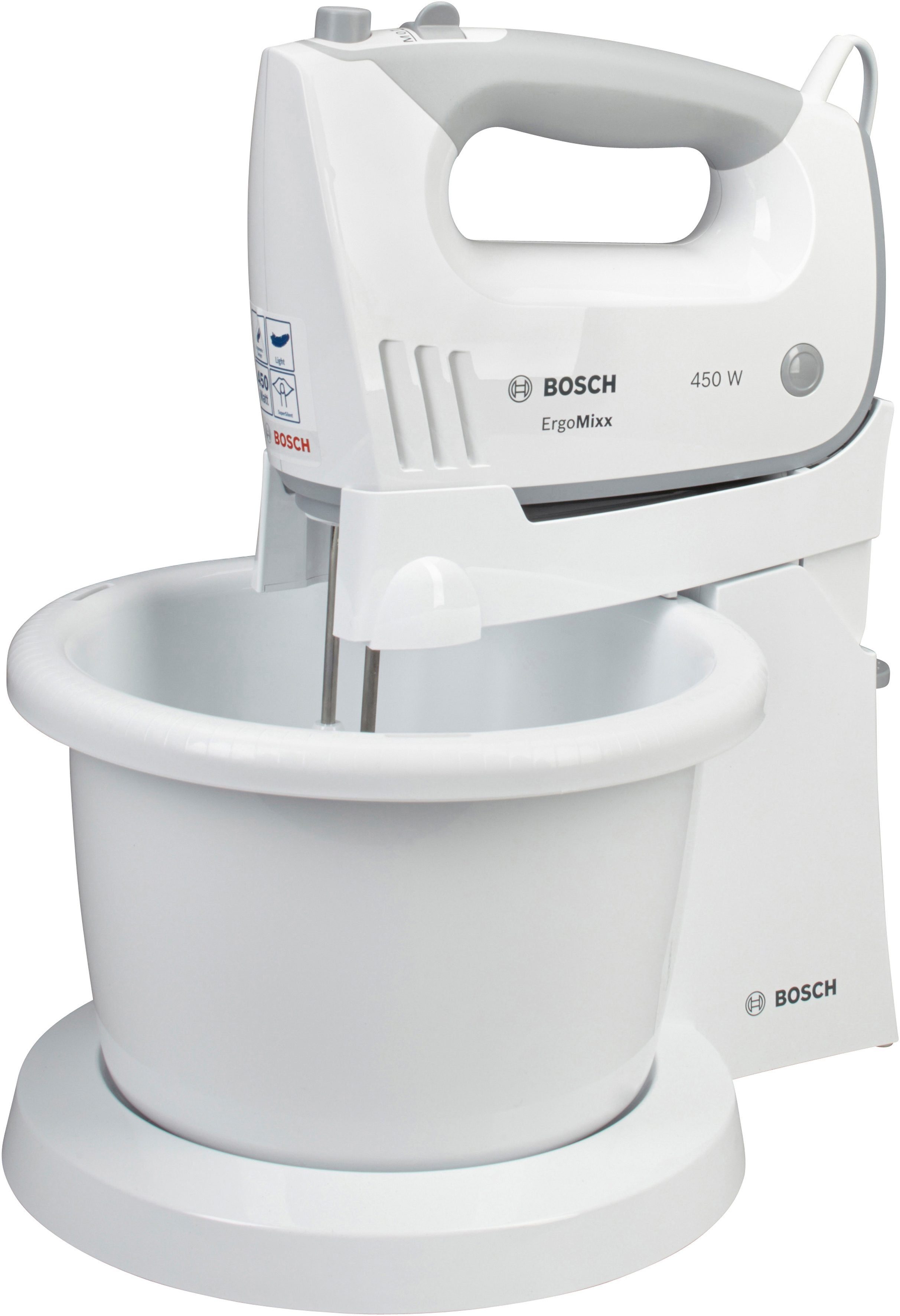 BOSCH Handmixer ErgoMixx MFQ36460, Edelst. Besen/Knethaken, Ständer, Schüssel, weiß, 450 W, 5 Stufen, ergon. Soft-Touch-Griff, Made in Europe