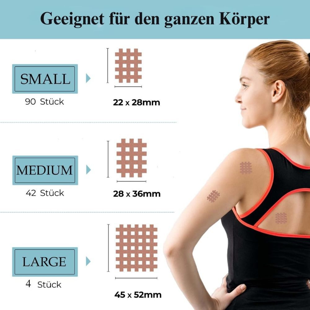 Montegoni Insektenstichpflaster 136er Crosstape Set – Hautfreundliche Akupressur Pflaster Mix (Crosstape Therapie Set, 136 Multi-Size Pflaster Mix), Hautfreundliches gittertape zur Akupressur mit Anleitung