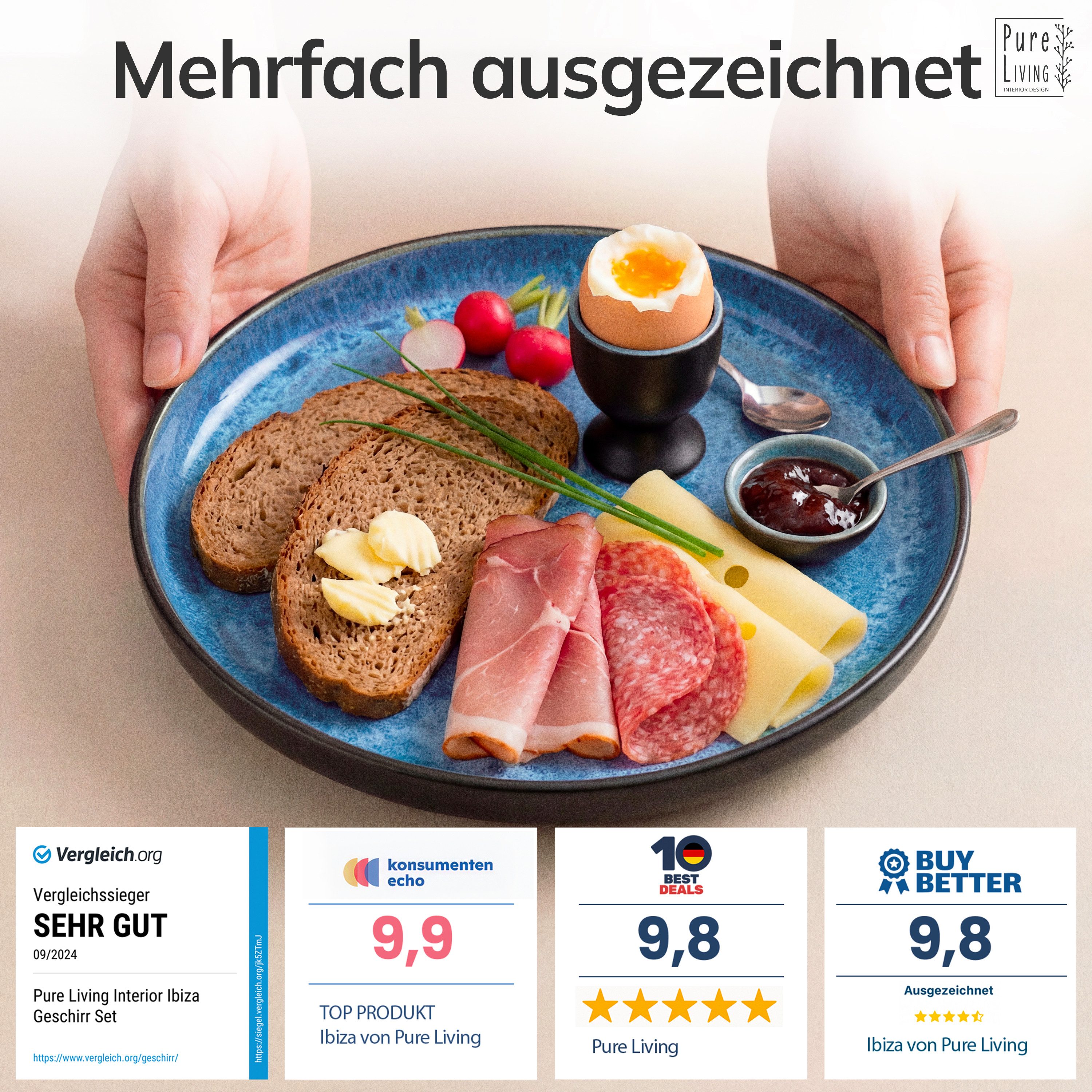 PURE LIVING INTERIOR DESIGN Geschirr-Set Ibiza Dessertteller, Frühstückteller, 6er-Set, 20 cm, Tiefblau (6-tlg), 6 Personen, Steingut – Bild 3 von 5