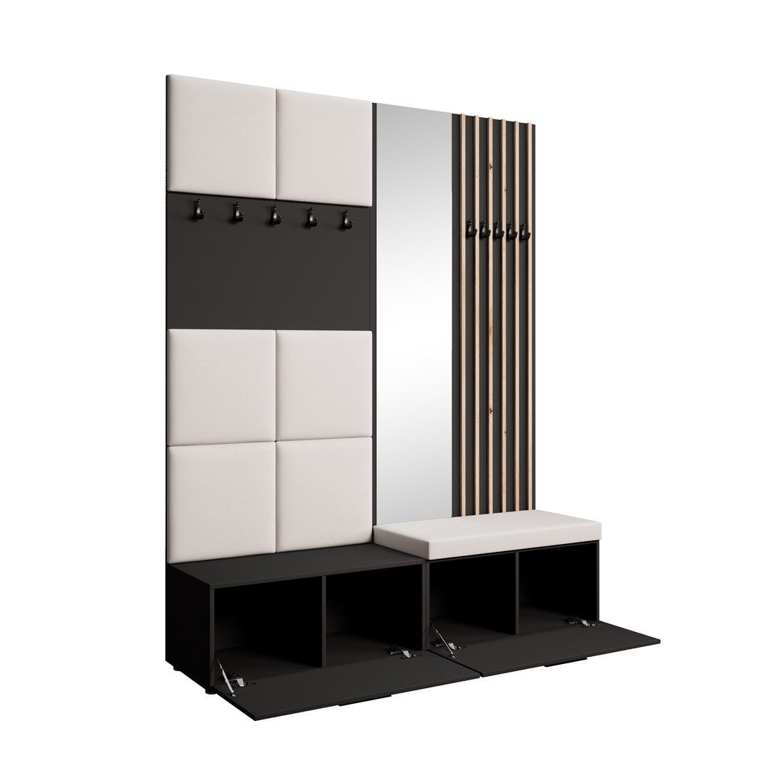 Beautysofa Garderobenschrank mit gepolsterten Paneelen und dekorativen Lamellen MARGARET I+II (Elegante Kleiderbügel) Zwei abschließbare Schuhschränke