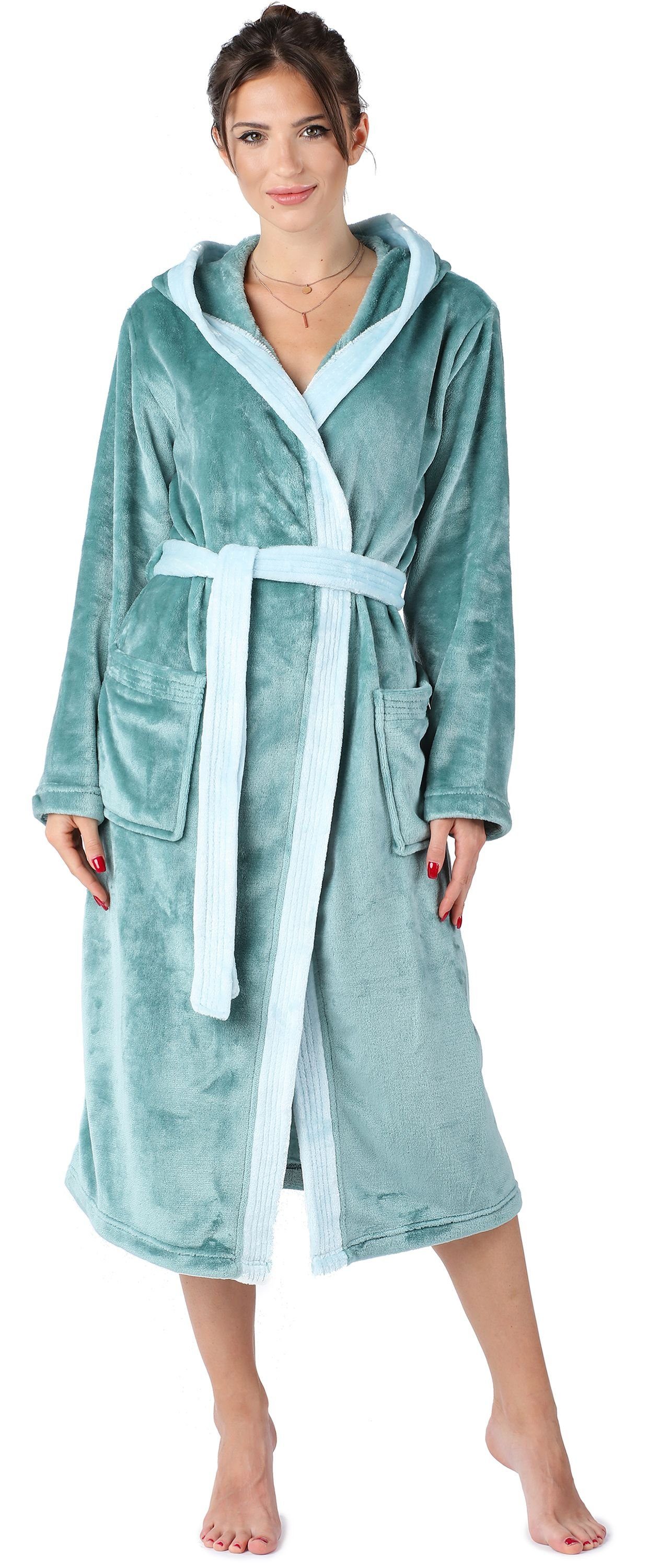 Bellivalini Bademantel Damen Bademantel lang mit Kapuze und Gürtel BLV50-168, Lang, Polyester, Seitentaschen