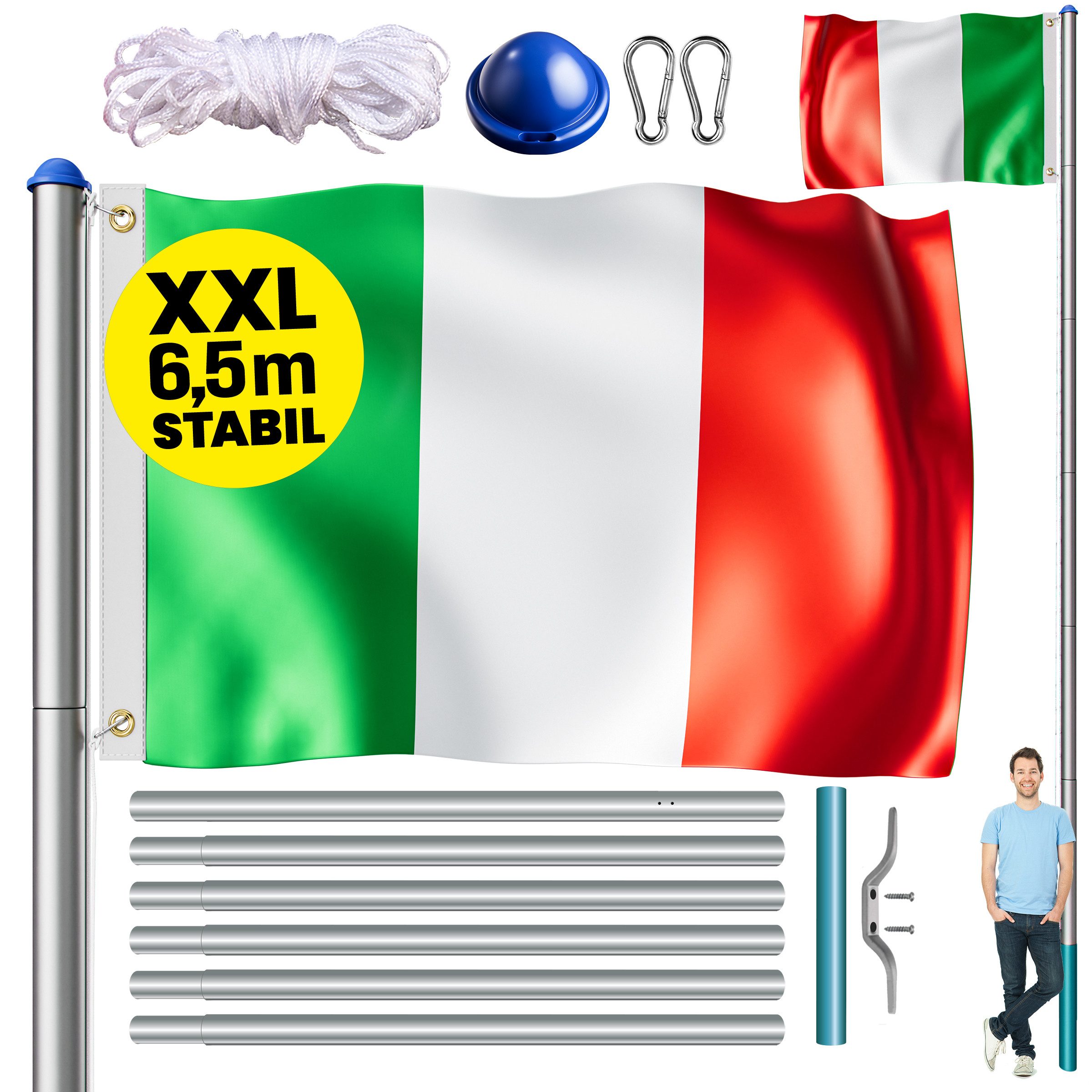 monzana Fahne, Aluminium Fahnenmast 6,50m mit Seilzug inkl. Flagge