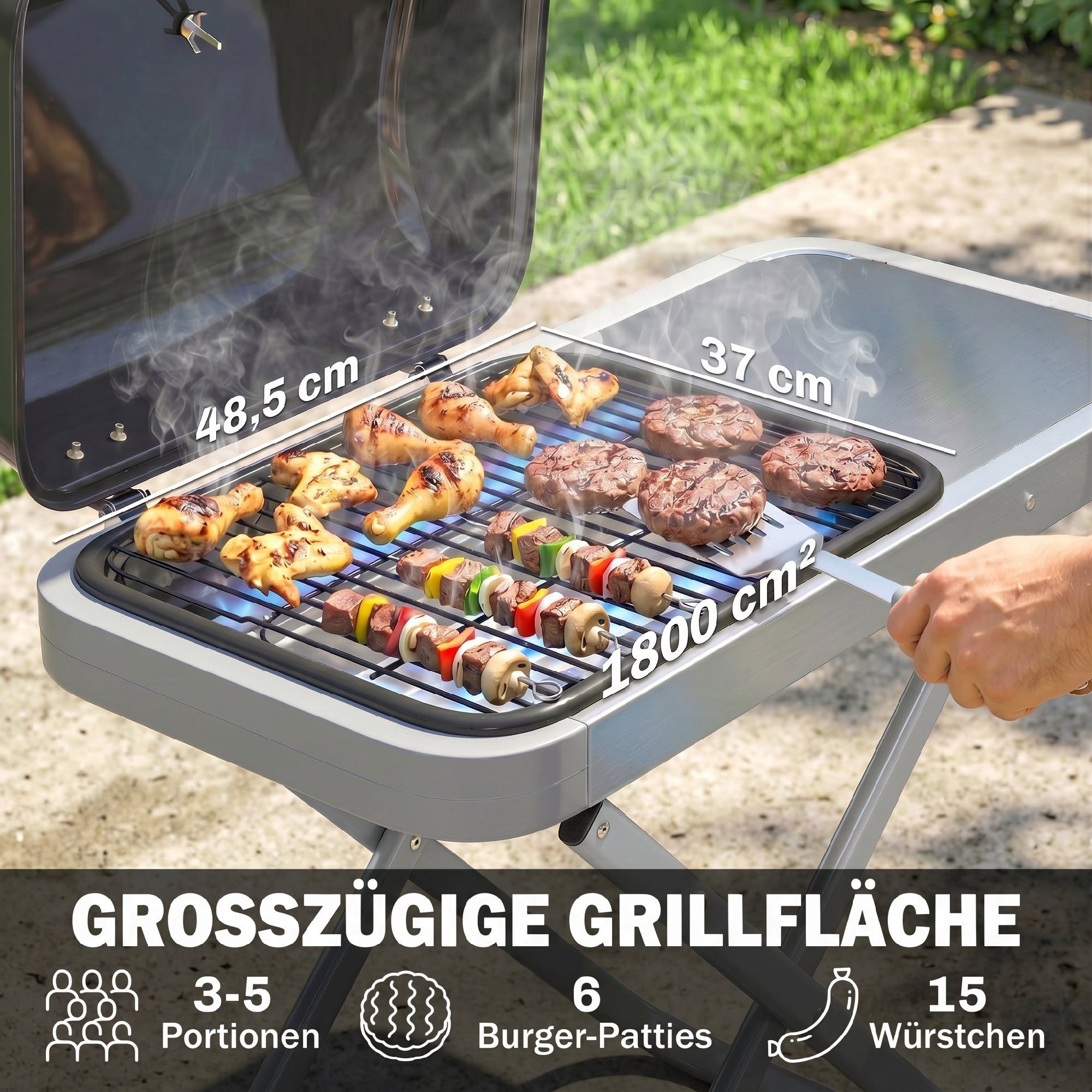 Outsunny Gasgrill Tragbarer Tischgasgrill mit 1 Brenner 2,5kW Grillrost Seitentisch, Tischgrill, Grillwagen, für BBQ Camping Garten Terrasse – Bild 5 von 5