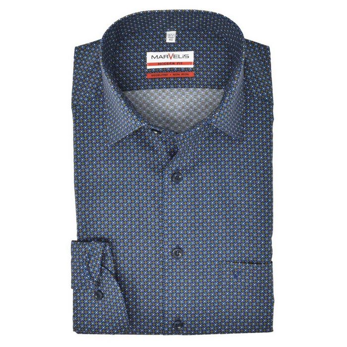 MARVELIS Businesshemd Businesshemd - Modern Fit - Langarm - Muster - Blau/Cognac Allover-Print