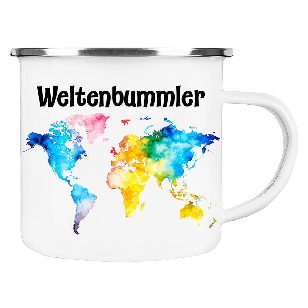 Cadouri Tasse WELTENBUMMLER Camping Emaille Tasse, Campingtasse, Metall, Campingbecher, Kaffeetasse für Camper, handgefertigt, Geschenk, 300 ml