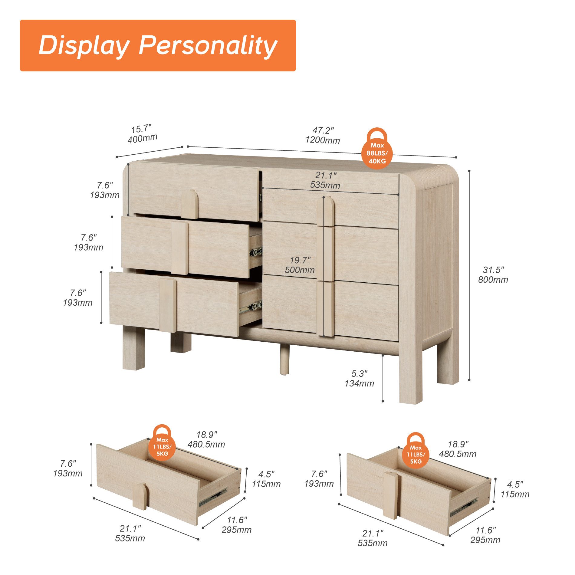WAMPAT Kommode 120 cm breit, Sideboard mit 6 Schubladen, Holzoptik, kratzfest, wasserabweisend, für Schlafzimmer, Kinderzimmer, Flur