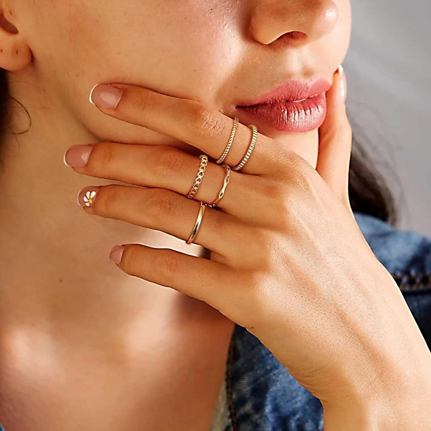 LuxusKollektion Ring-Set Vergoldete Verstellbare Ringe Set 5 Stück - Gold Daumenring Fingerring – Bild 4 von 5