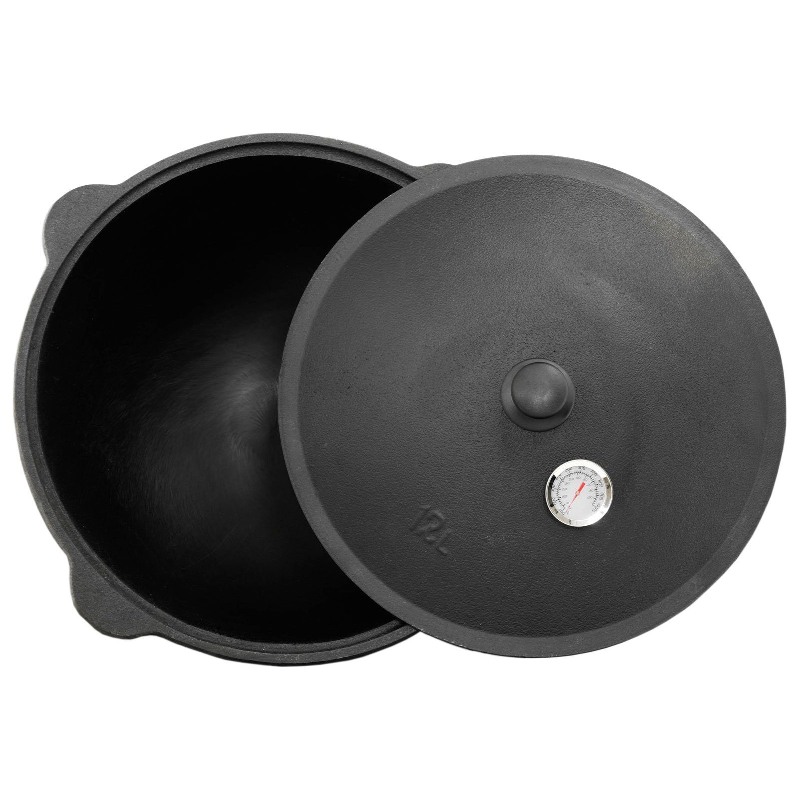 4BIG.fun Grilltopf Gusseisen Kasan 12L Deckel inkl. Thermometer Schaumkelle Schöpflöffel, Gusseisen (inkl. Schaumkelle, Schöpflöffel und Thermometer)
