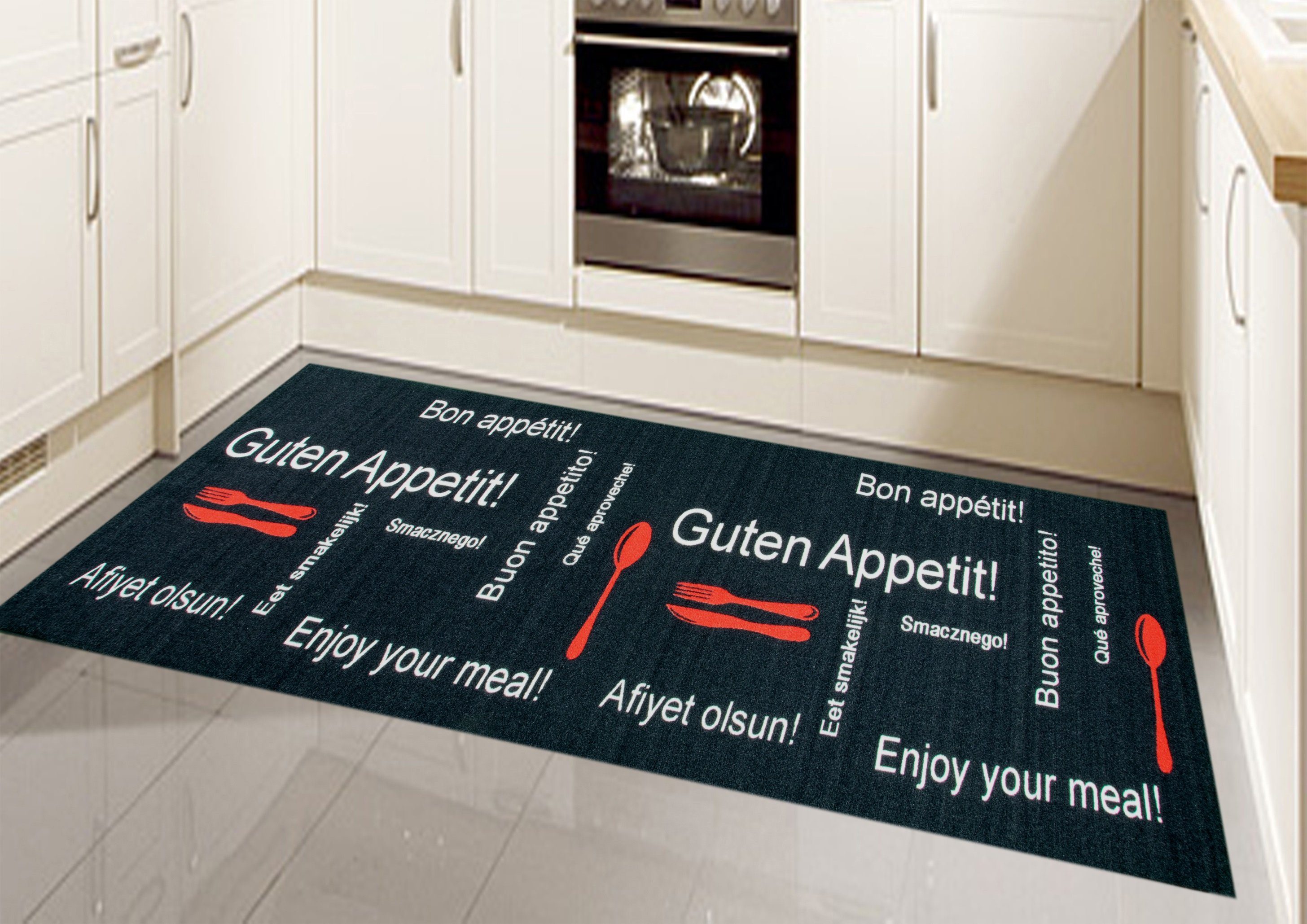 Teppich Küchenteppich waschbar mit Schriftzug Guten Appetit in Schwarz Rot, TeppichHome24, rechteckig