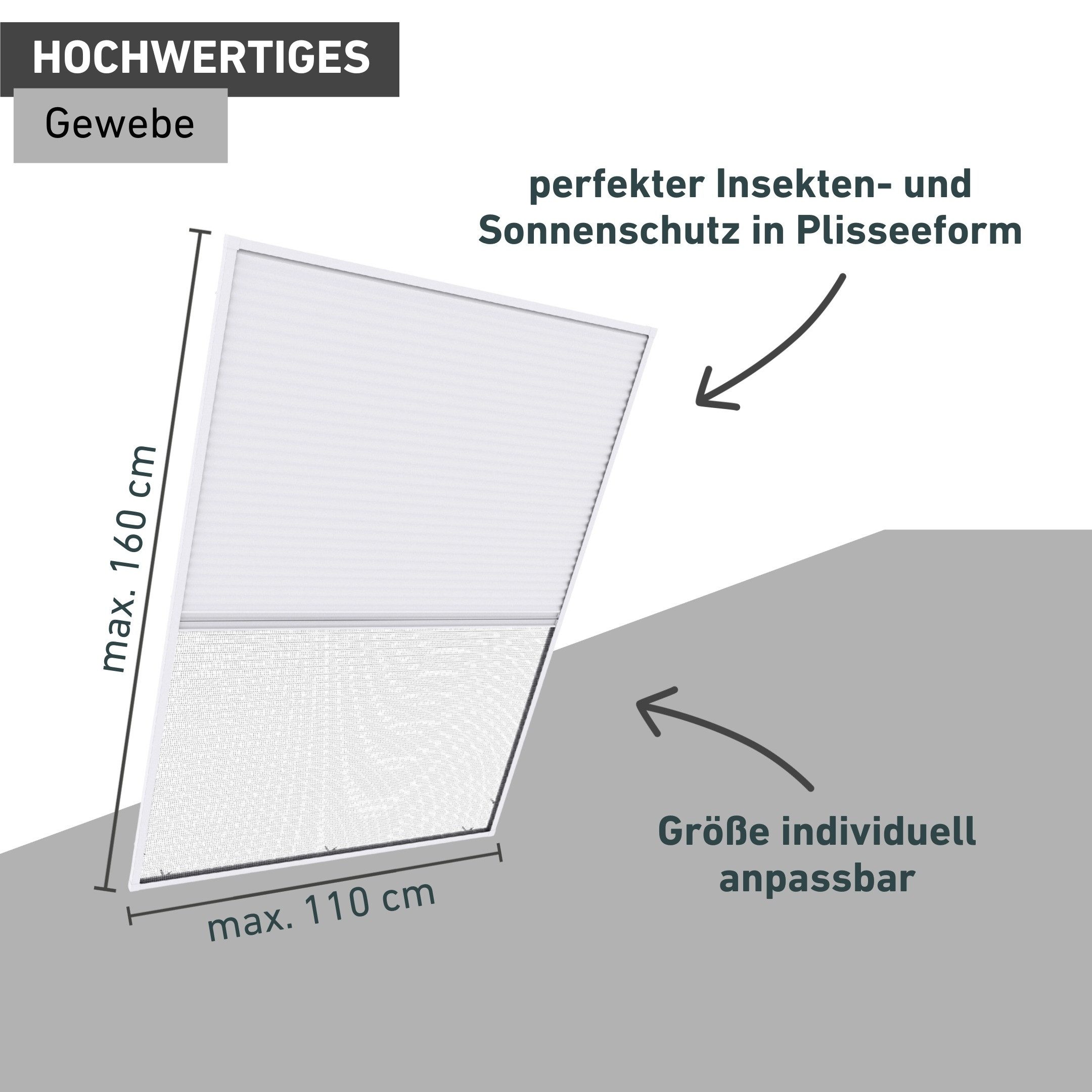 Windhager Insektenschutz-Fensterrahmen Expert, Insekten- und Sonnenschutz in Plisseeform mit Alurahmen, Insektenschutz für Dachfenster, 110 x 160 cm, weiß