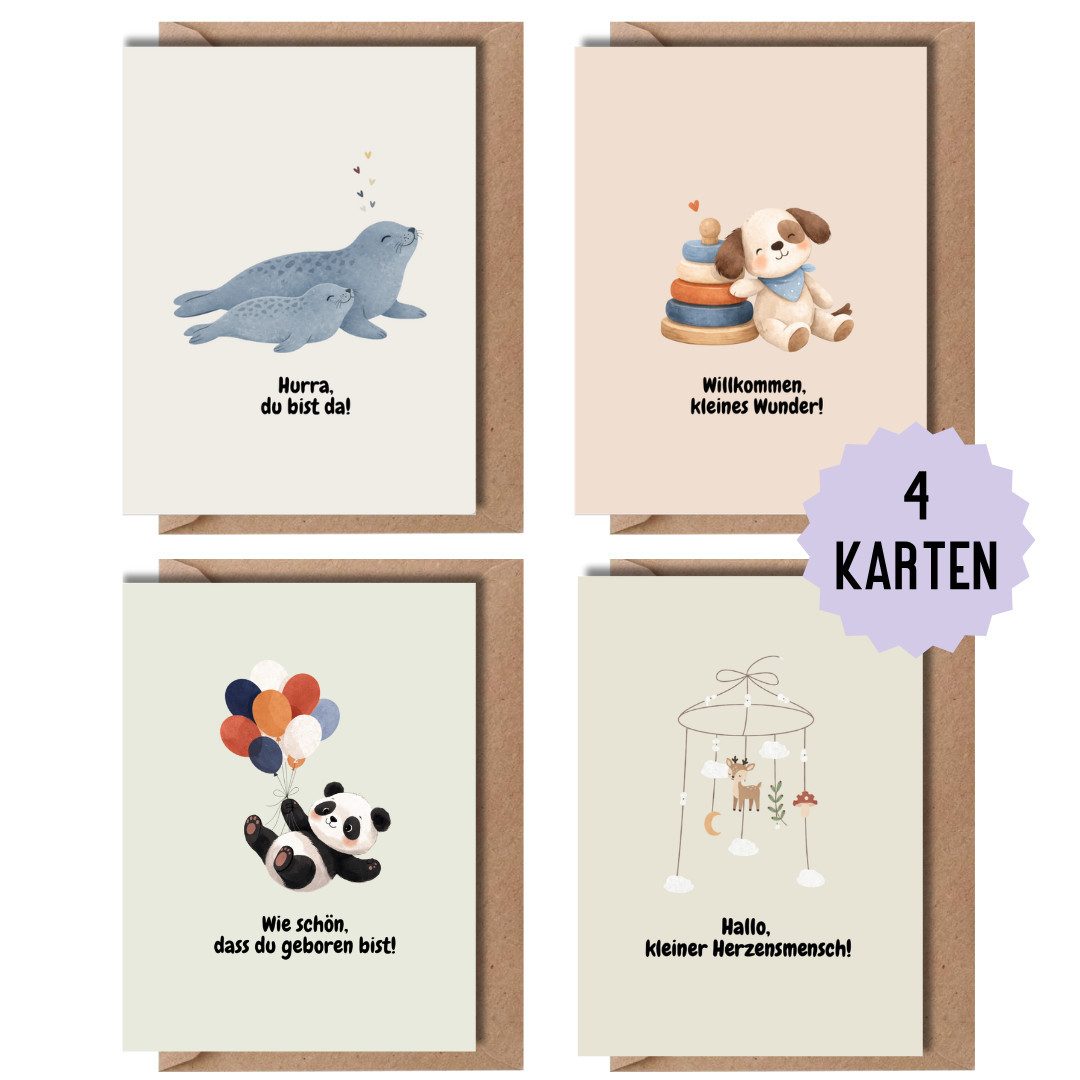 Things of Happiness Grußkarten Glückwunschkarten zur Geburt Baby, Set Klappkarten Geburt, 6 Karten und 6 Briefumschläge aus Recyclingpapier, aquarell Still