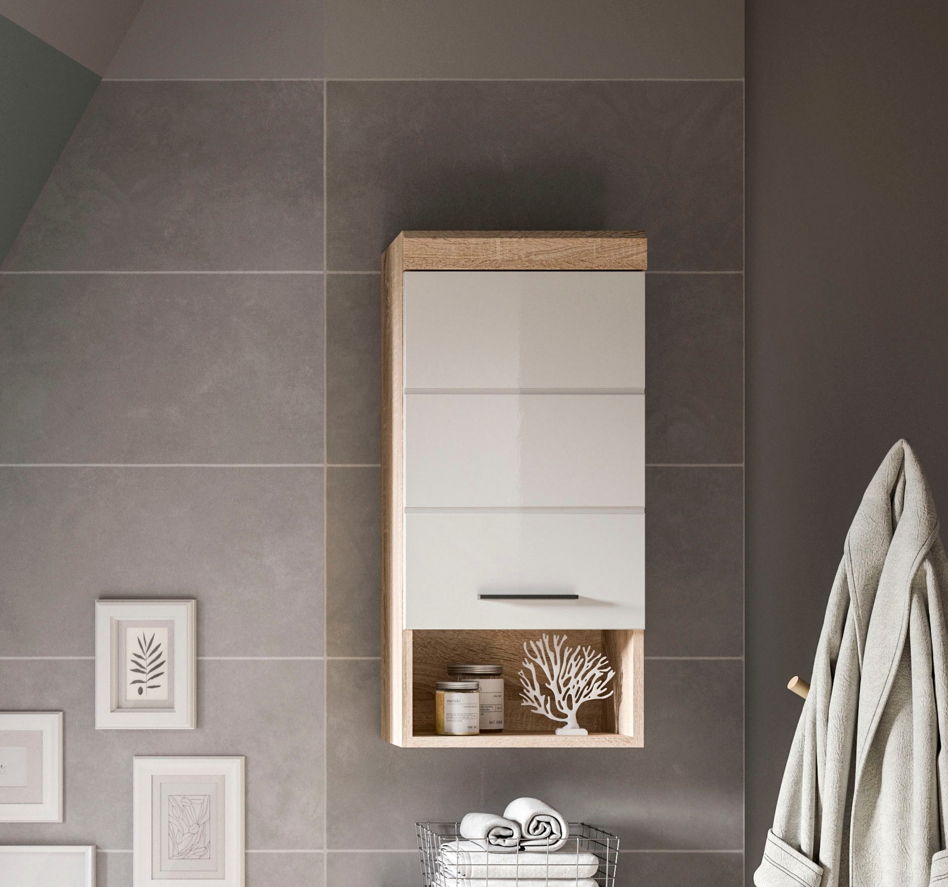 welltime Hängeschrank SIENA, Breite 37cm, 1 Tür, 1 offenes Fächer, 1 Einlegeboden, MDF-Front (1-St., TOPSELLER) in verschiedenen Farben erhältlich, Badmöbel, Badschrank, Schrank, Bad