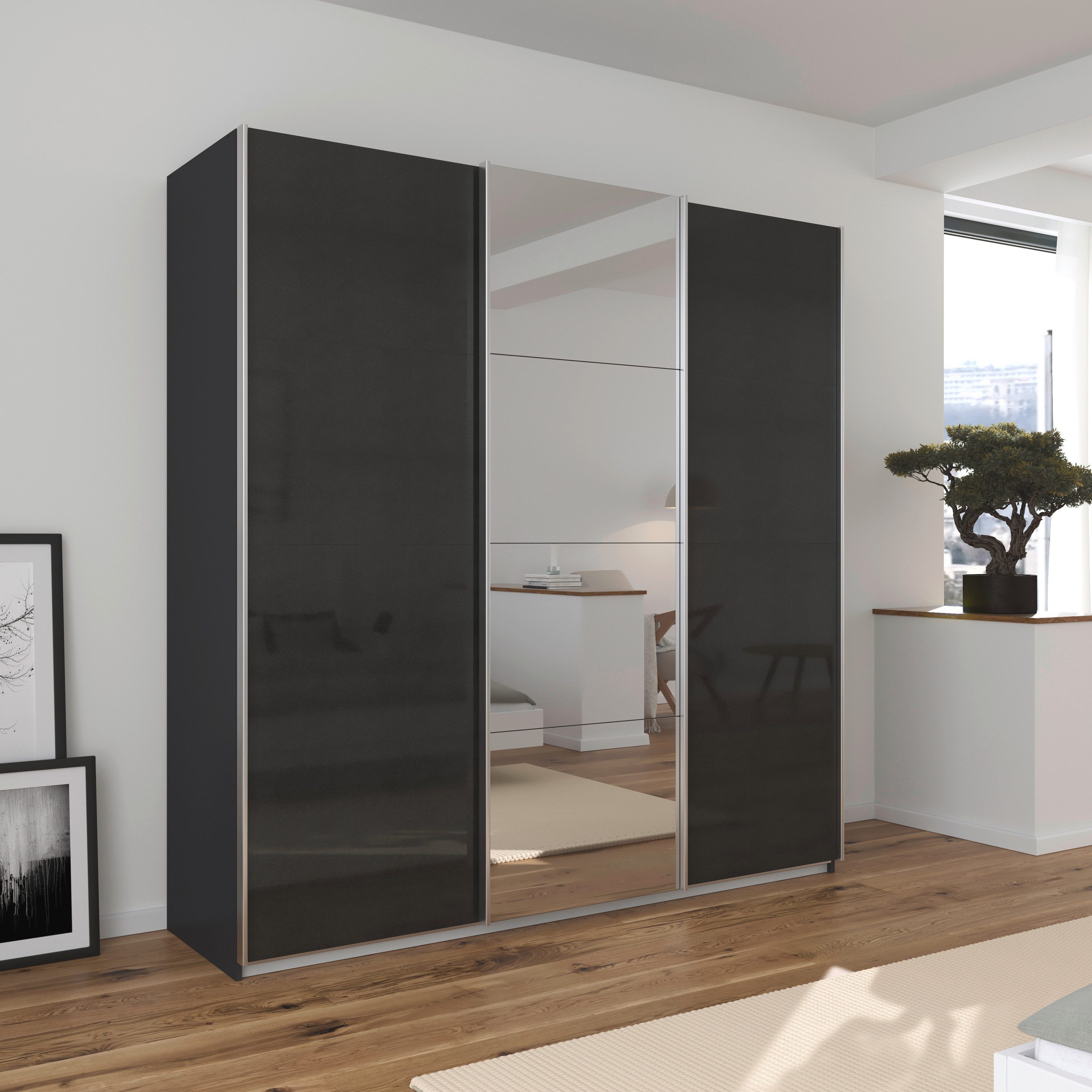 OTTO home Schwebetürenschrank Kleiderschrank Schrank Schlafzimmerschrank Garderobe AGORDO (Breiten 203/271/315/360 cm in drei Griff-Farben - NEU: Farbe SCHWARZ) Top Innenausstattung, in 4 Breiten und 2 Höhen MADE IN GERMANY