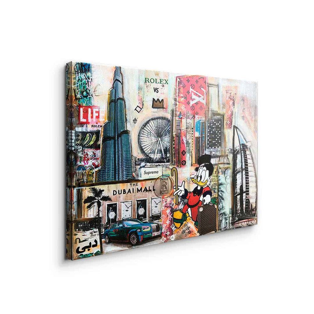 Leinwandbild Art quer Leinwandbild Dagobert Dubai, Dubai Comic Skyline weißer Rahmen Duck Collage DOTCOMCANVAS® in Pop Dagobert