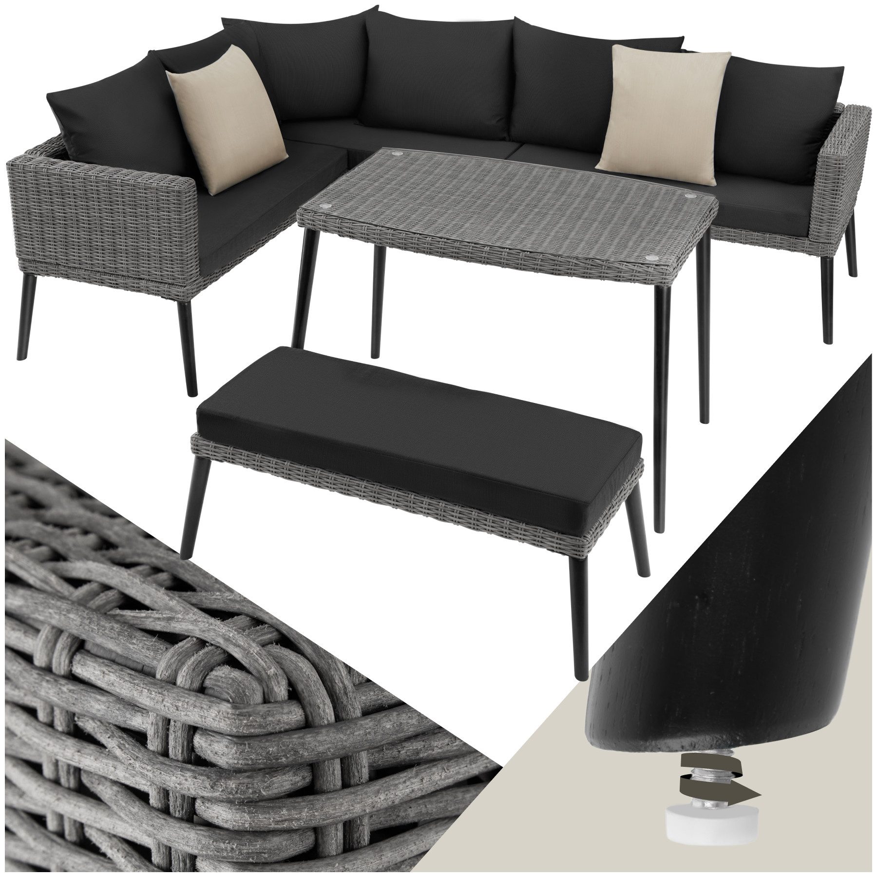 tectake Loungeset Rattan Sitzgruppe mit Sicherheitsglasplatte, schlanke, hohe Beine, (Gartenlounge-set Pula, 3-tlg., geeignet für Outdoor in Grau), wetterfest und UV-beständig, Dicke der Sitzpolster 8 cm
