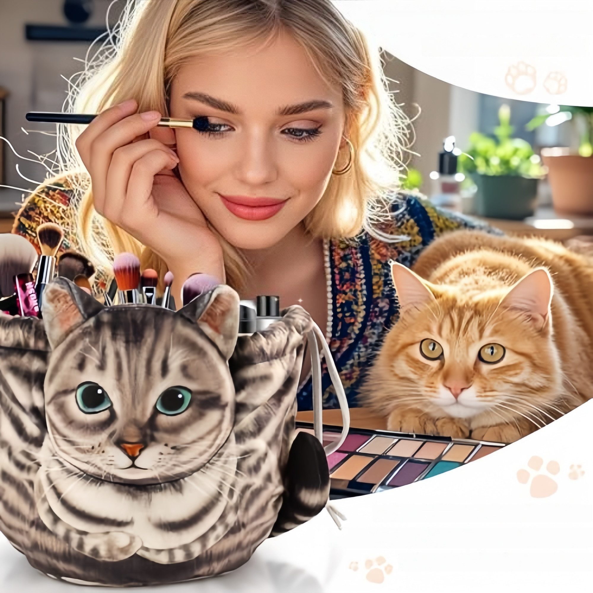 FOUORTUNATE-BEE Kulturbeutel Kosmetiktasche mit Katzenmotiv, groß & tragbar mit Kordelzug, Niedliche Make-up Tasche für Reisen, Geschenk für Katzenfans – Bild 3 von 5