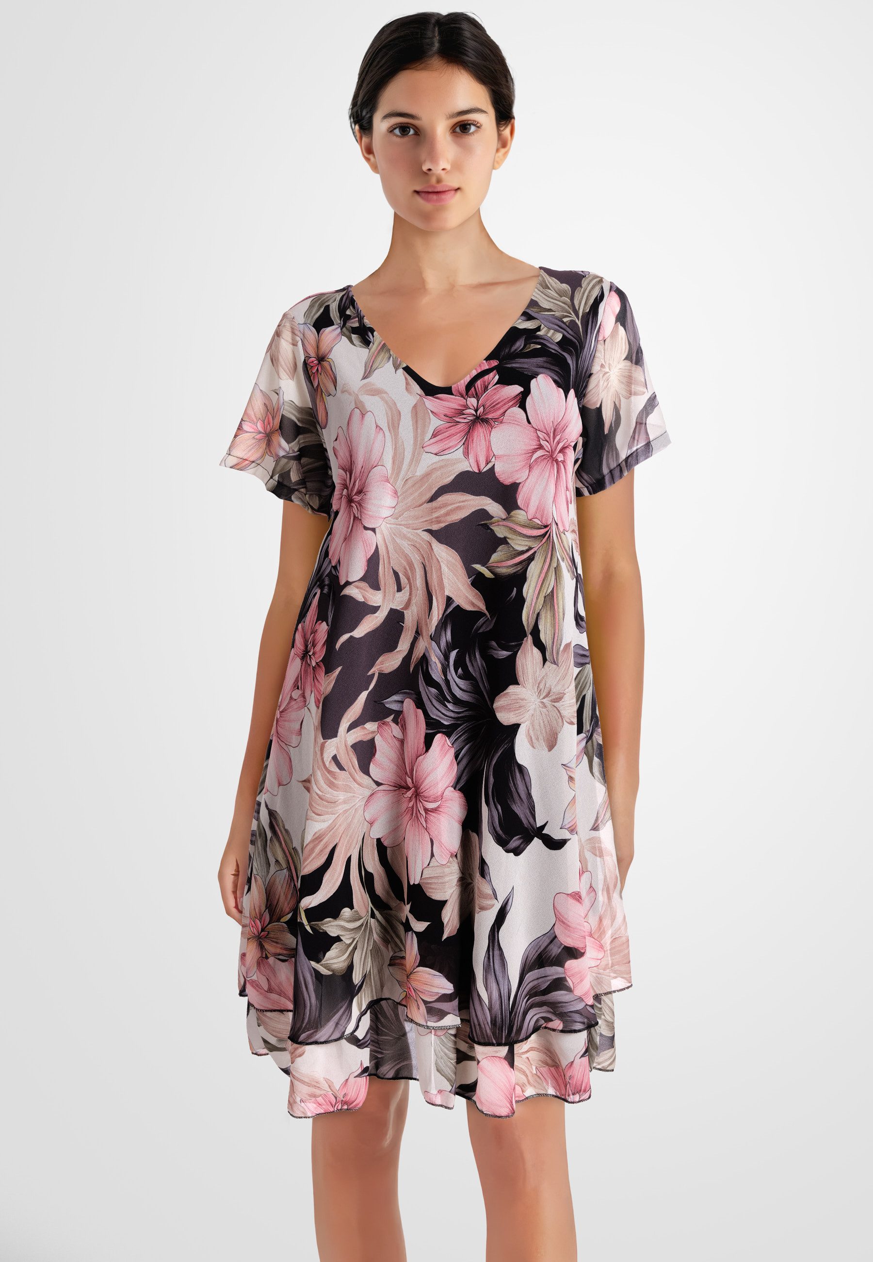PEKIVESSA Sommerkleid Geblümtes Georgette-Kleid mit Volants günstig online kaufen