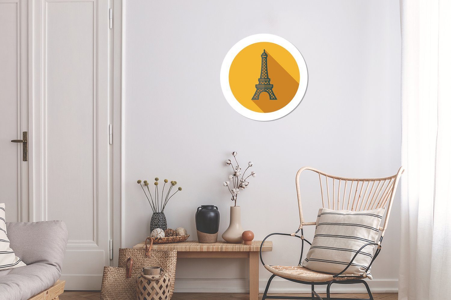 Der Wohnzimmer Eiffelturm Illustration Kreis (1 Tapetenaufkleber, MuchoWow St), einer als Rund, französische in gelber Tapetenkreis Wandsticker Kinderzimmer, für
