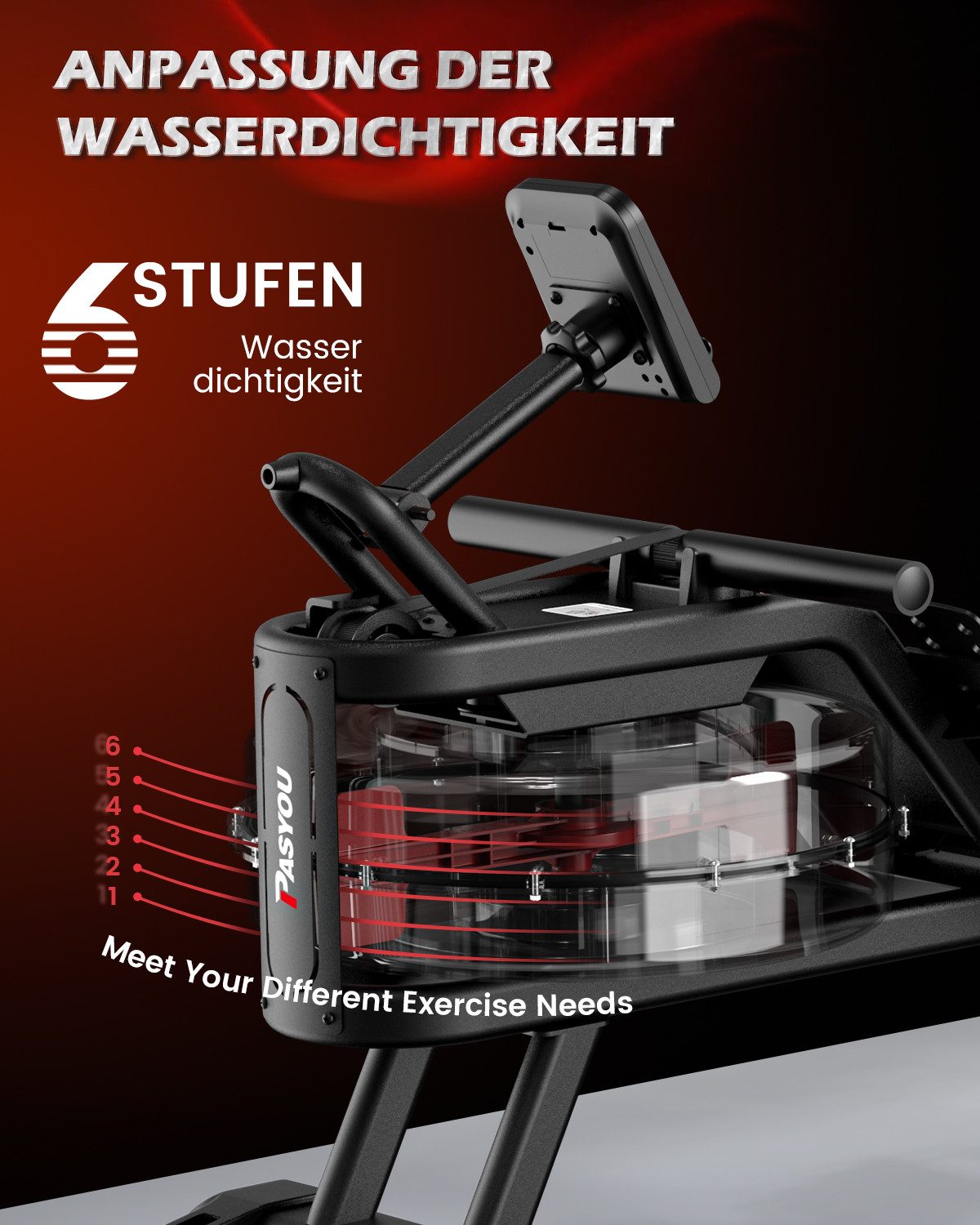 PASYOU Rudergerät Rudergerät für zu Hause, mit Bluetooth Funktion, 14L Wassertank, 150KG Tragfähigkeit, Kinomap App kompatibel