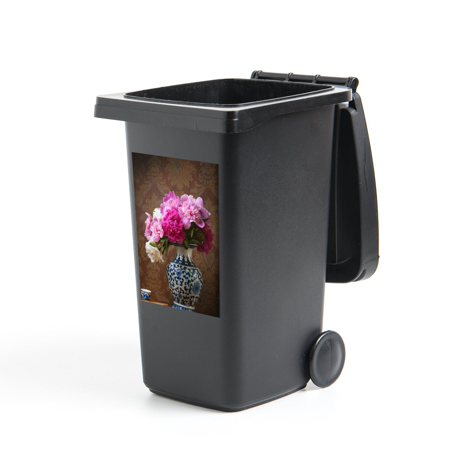 MuchoWow Wandsticker St), (1 Mülleimer-aufkleber, Container, Pfingstrosen - Mülltonne, Sticker, - Farben Vase Abfalbehälter