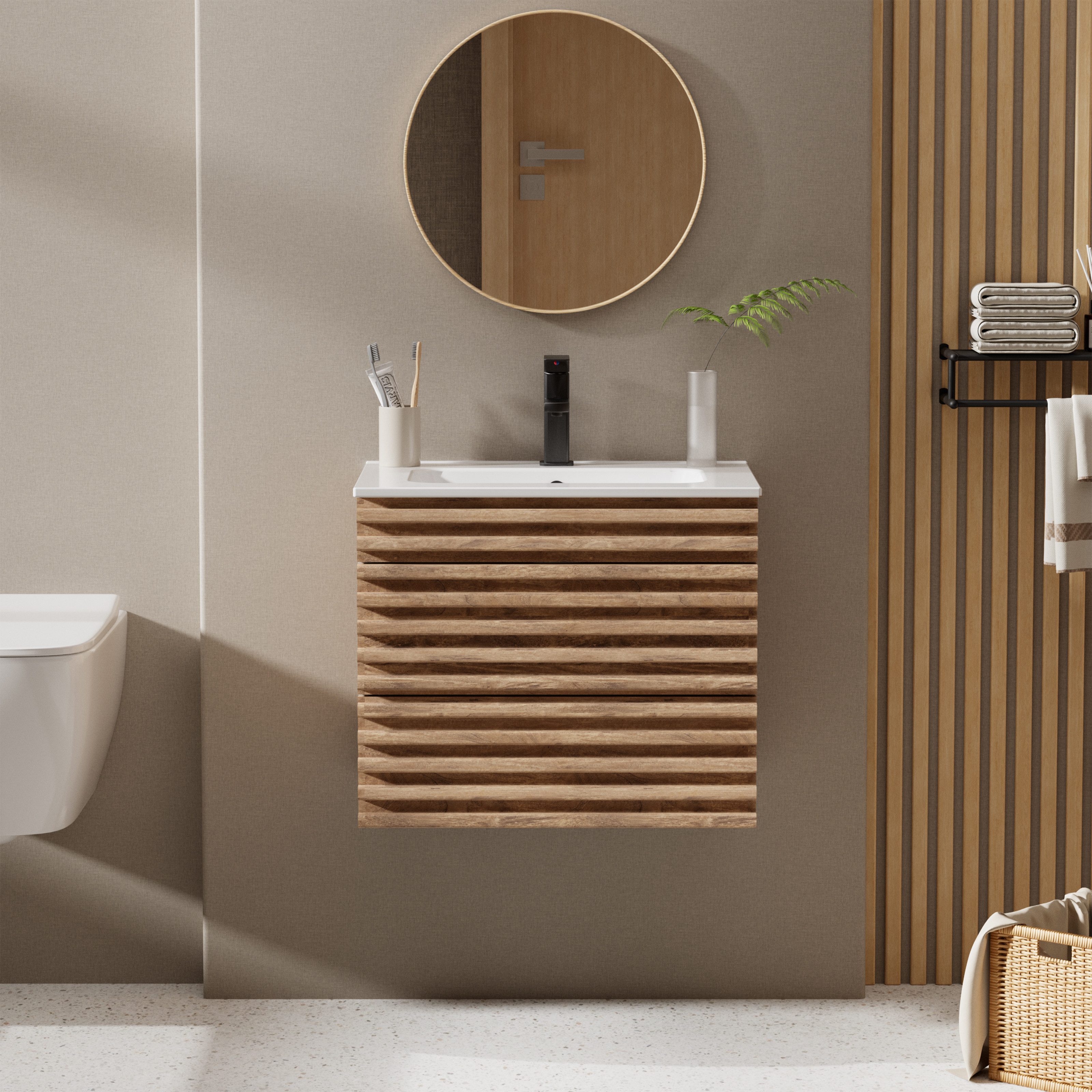 UEV Waschtisch mit Unterschrank, natur, 60cm/75cm/90cm hängend, Badezimmerschrank (Waschtischunterschrank, Badmöbel für Gäste WC, Natur, mit Wasserhahn und Pop-up-Ablassventil), Soft-Close-System, Unterschranke fürs Bad,Waschplatz