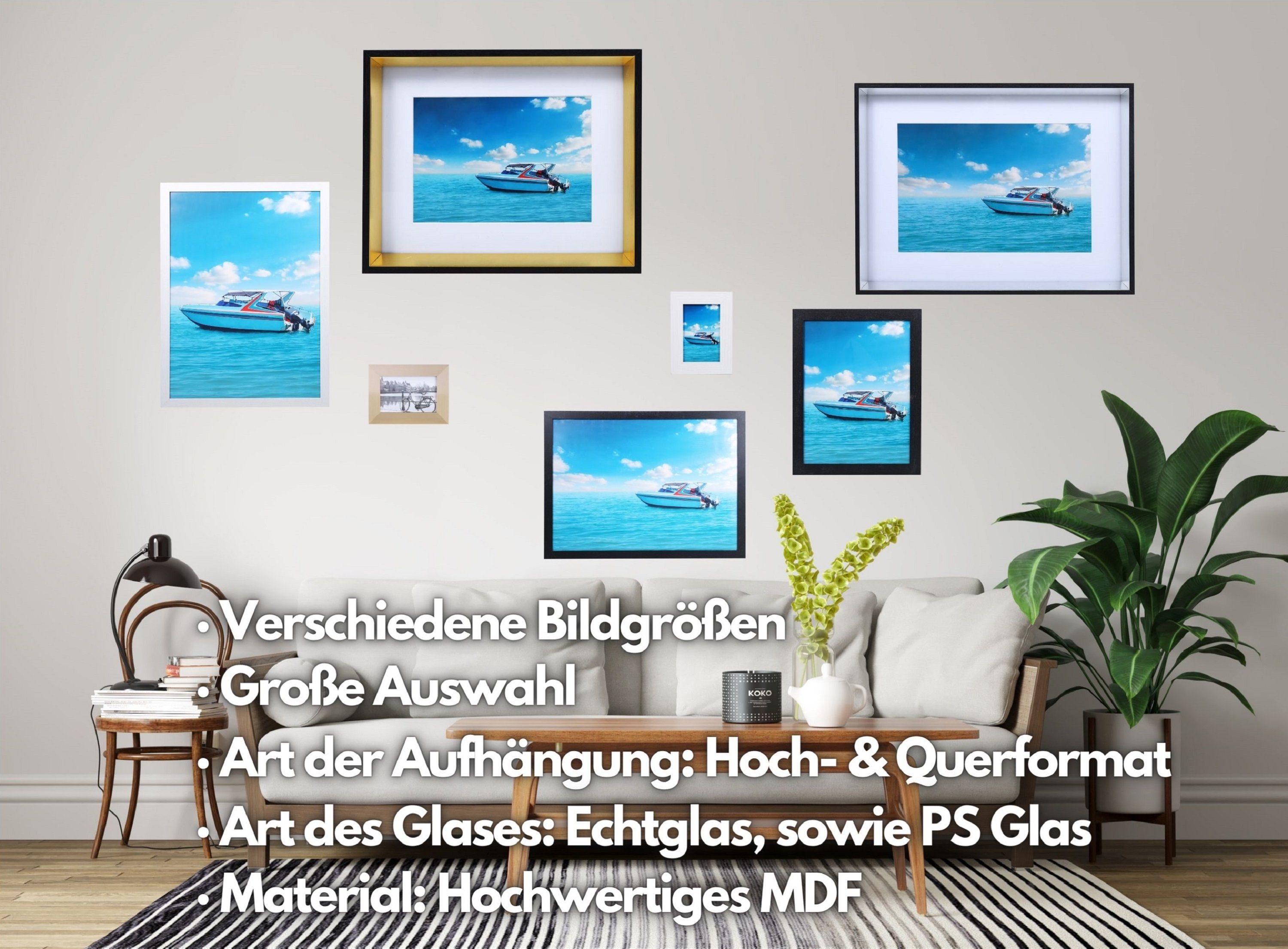 Wandhalterung Bilderrahmen ecosa MDF, & Material: Echtglas, Hoch- EO-8101, Querformat, Aufsteller, Echtholzdesign,