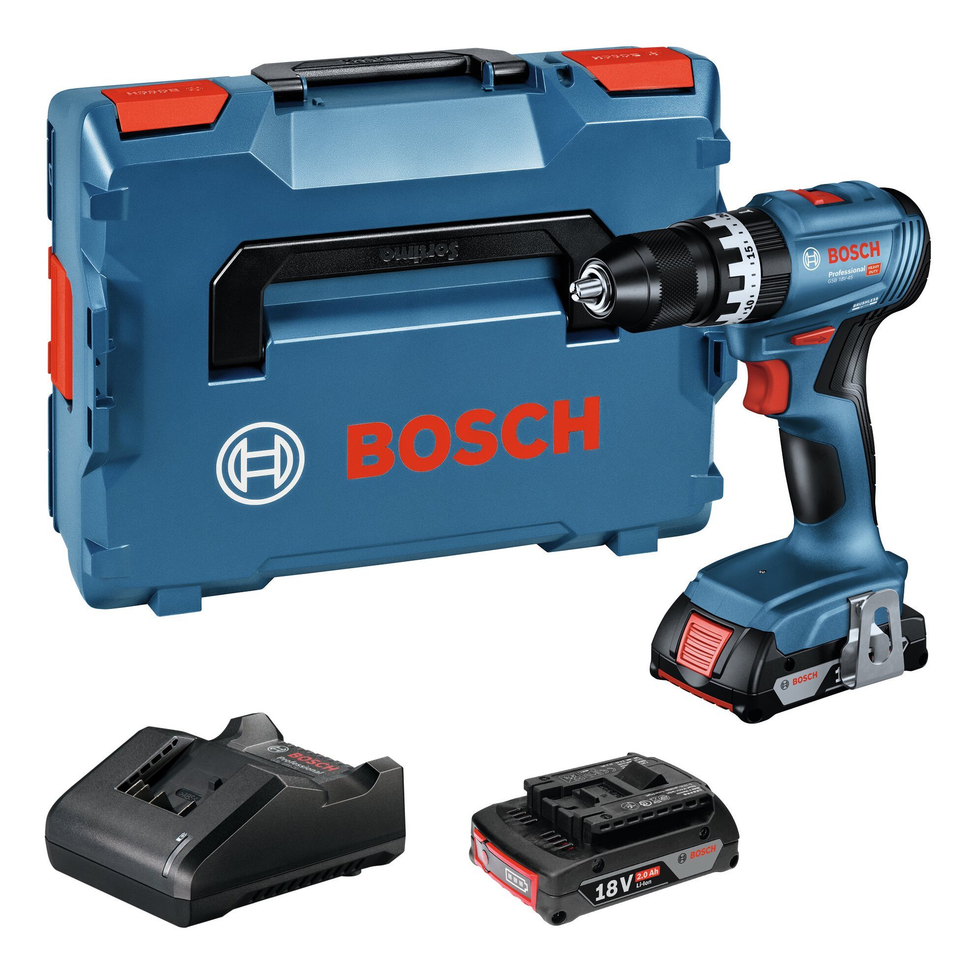 BOSCH Akku-Schlagbohrschrauber GSB 18V-45, 18 V, Mit 2x Akku 2 Ah - in L-BOXX 136