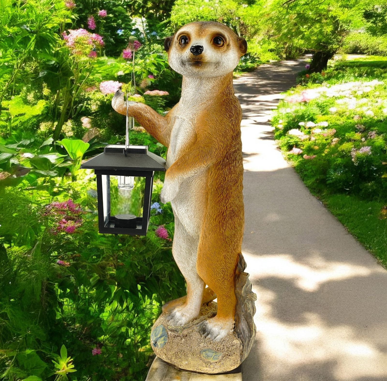 Kremers Schatzkiste Gartenfigur Erdmännchen Eddy stehend mit Solarlaterne F günstig online kaufen