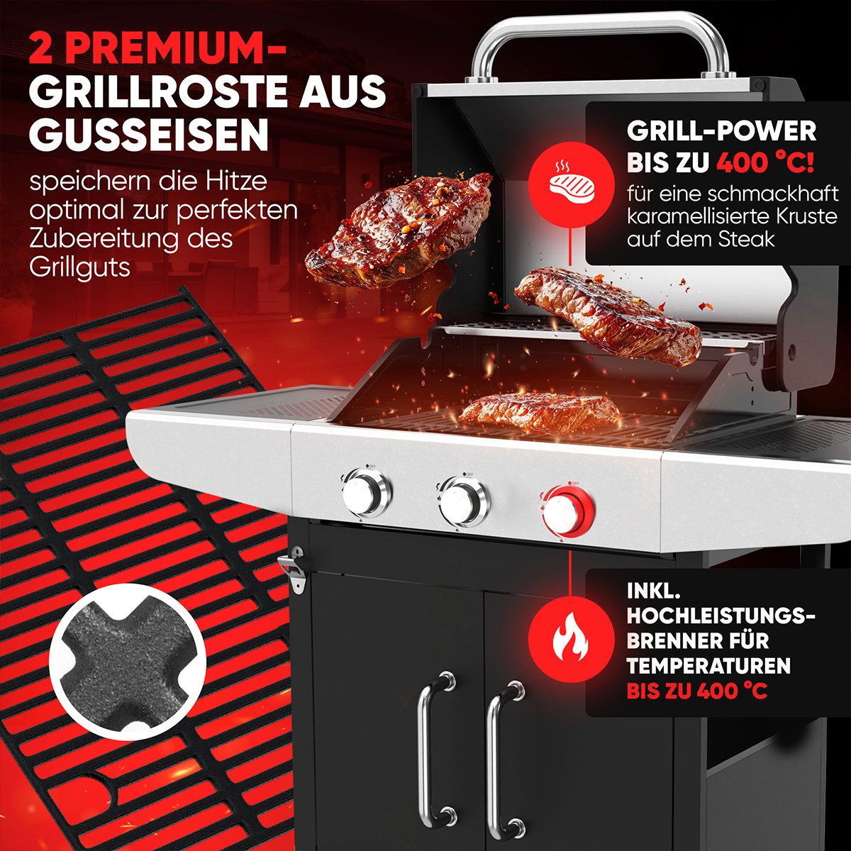 ProfiCook Gasgrill PC-GG 1310, Gasgrill bis zu 400°C, Grillroste aus Gusseisen