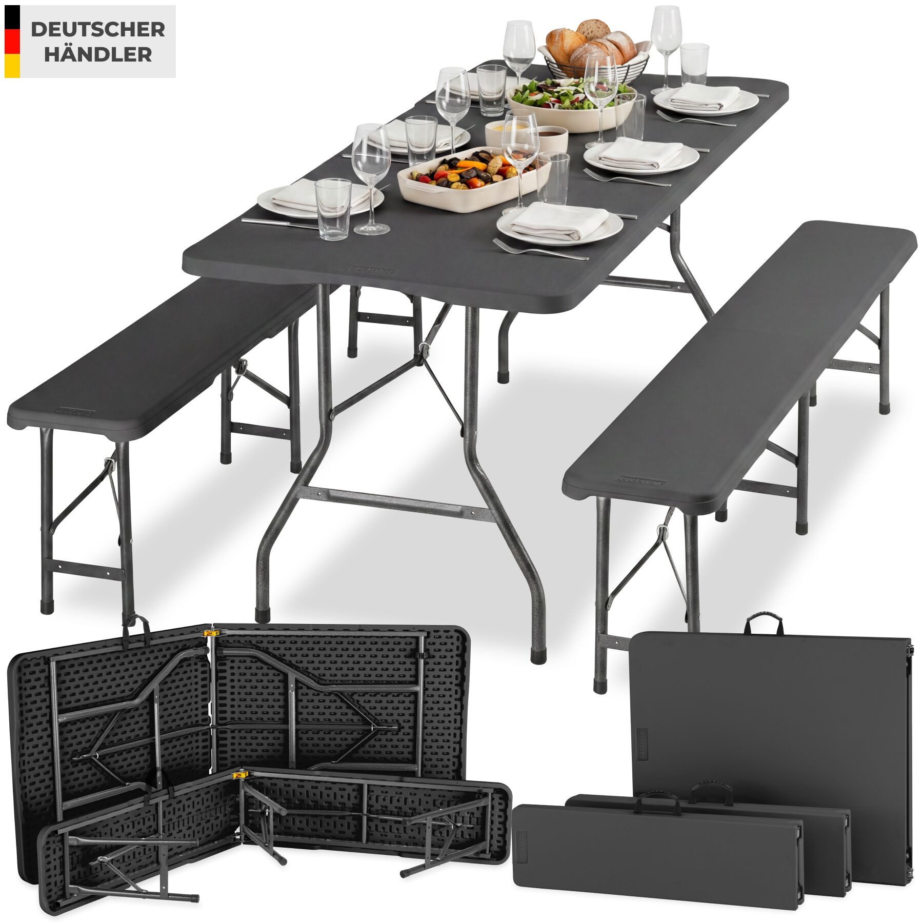 tectake Campingtisch klappbare wetterfeste Camping Sitzgarnitur für 8 Personen (Outdoor Camping Tischgarnitur Panja, 1-St., 3-tlg), Kompakte Campinggarnitur zum Zusammenklappen in Kofferform