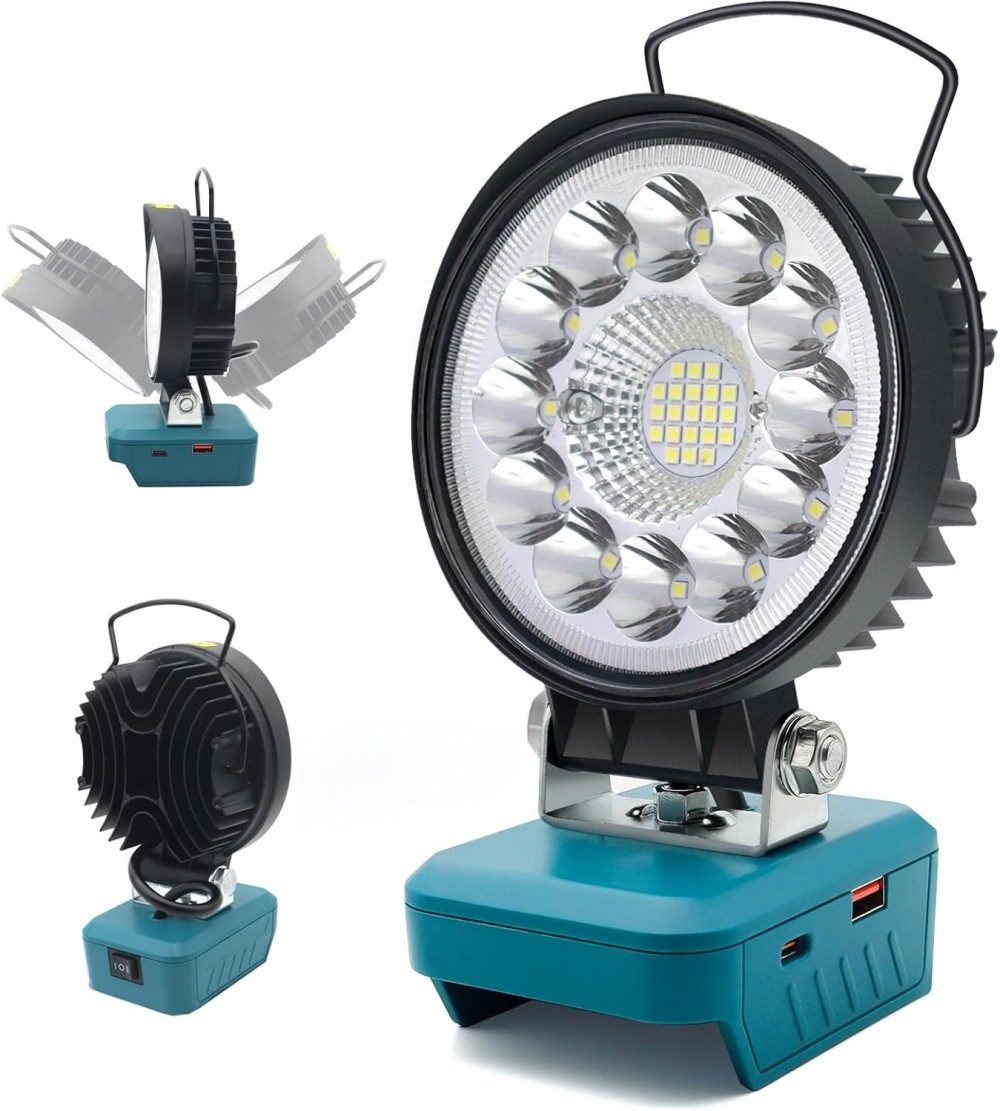 PRIISF LED Arbeitsleuchte LED Camping Lampe Arbeitslicht Strahler Licht Taschenlampe Baustrahler, Rund, LED fest integriert, Tageslichtweiß, Für Makita Li-ion Akku LED Arbeitsleuchte mit Typ C und USB-Aufladung