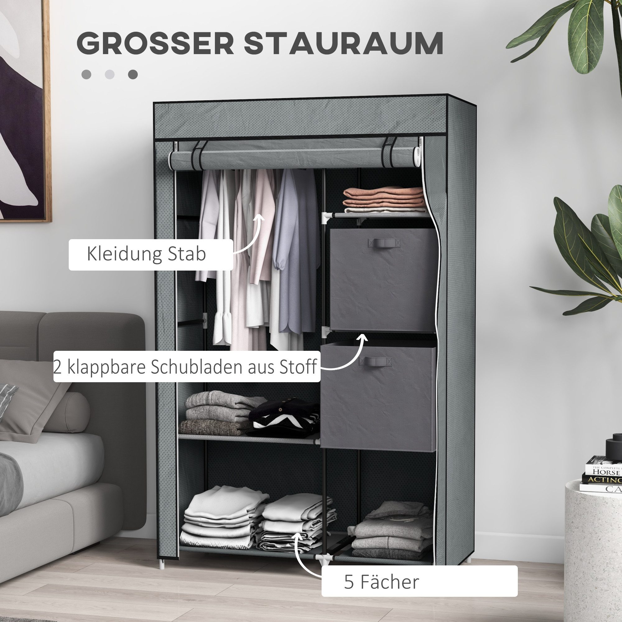 HOMCOM Stoffschrank Faltschrank mit Schubladen und Kleiderstange, für Schlafzimmer (Garderobe, 1-St., Kleiderschrank) Dunkelgrau, 102 x 42,5 x 162,5 cm – Bild 4 von 5