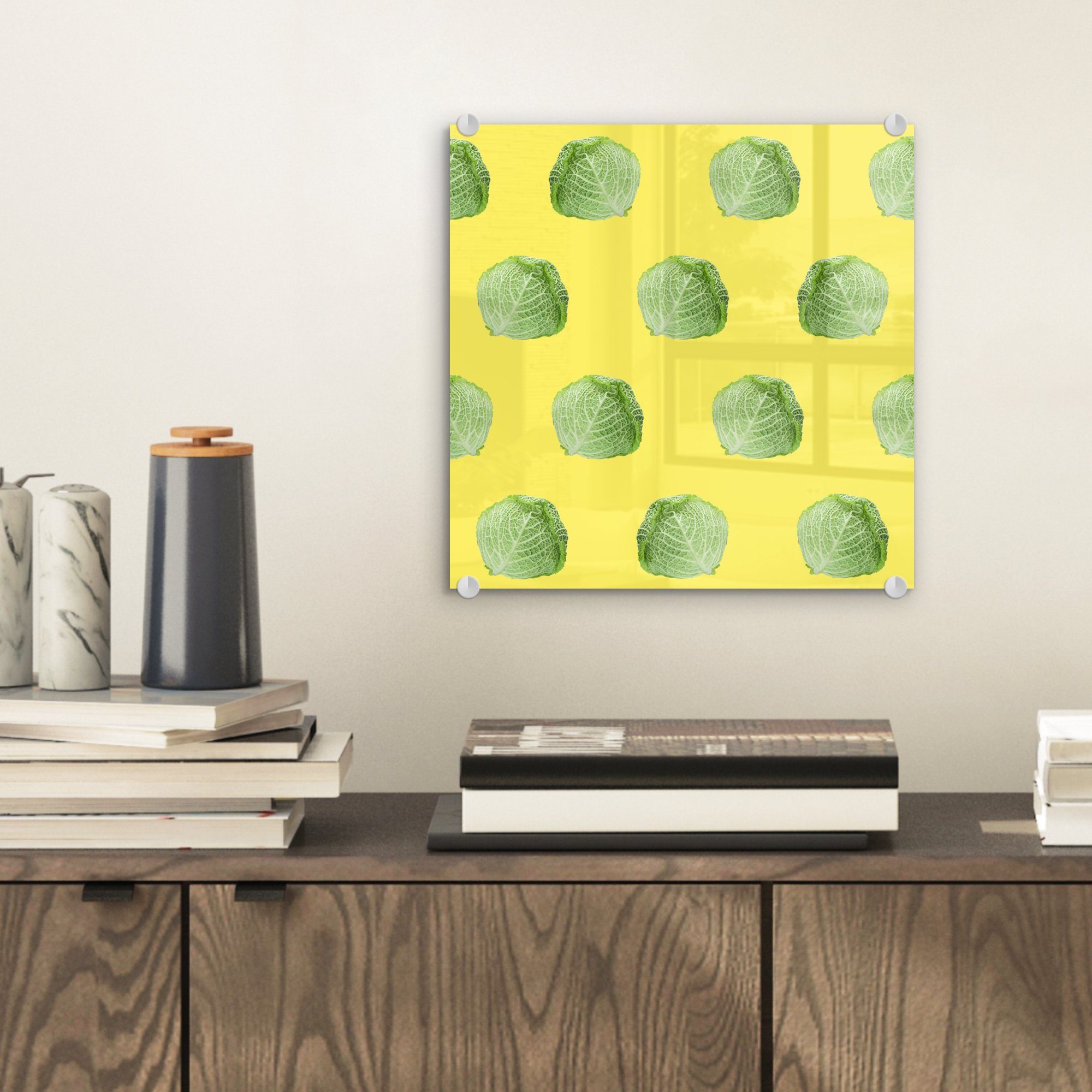 Gelb, Glas MuchoWow auf Kopfsalat Wanddekoration Glas - St), Glasbilder auf Wandbild - - Foto - (1 Muster Acrylglasbild Bilder Gemüse - -