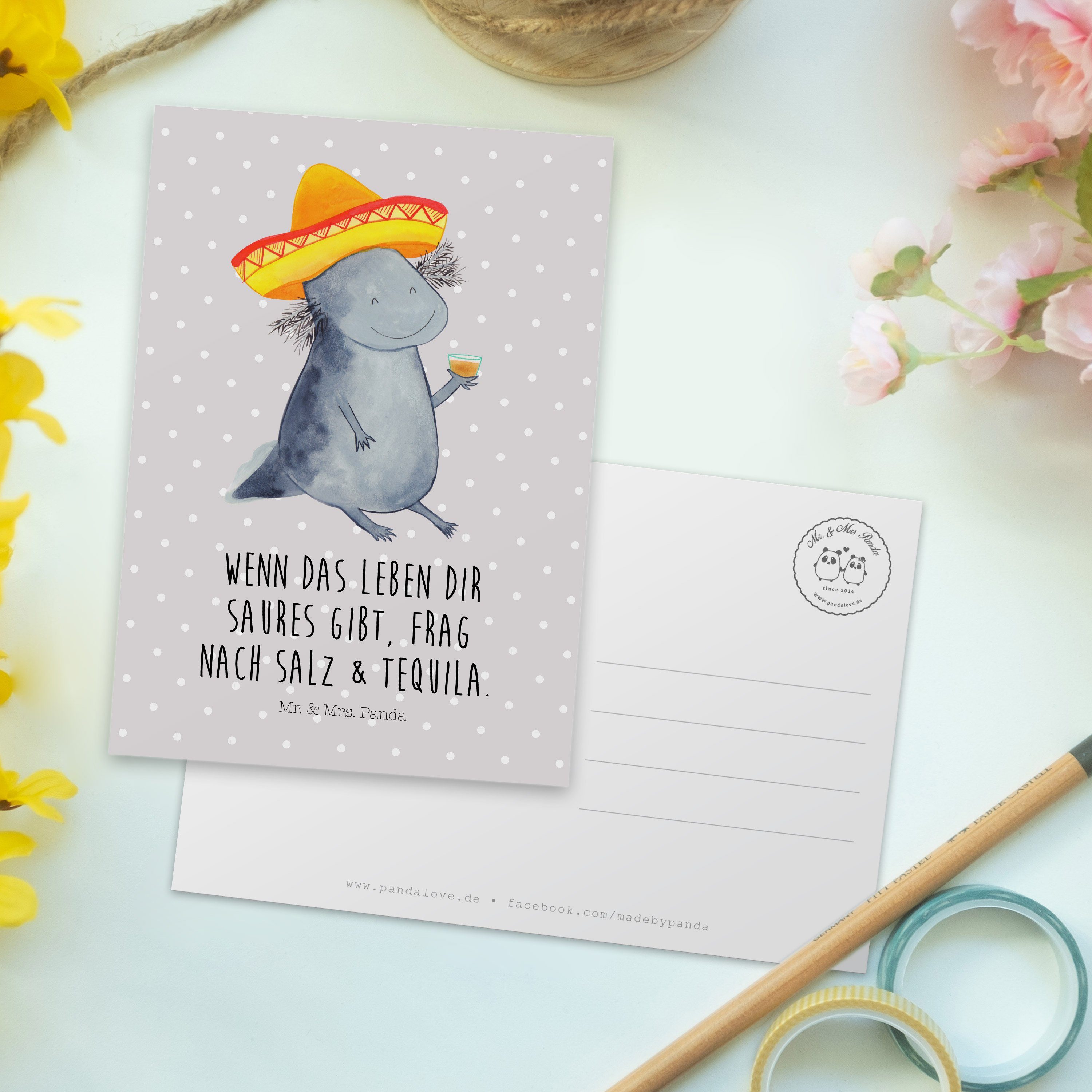 Pastell Tequila Grau Mr. Axolotl Spruch, - - Ansichtskarte, Geschenk, Panda & Mrs. Geb Postkarte