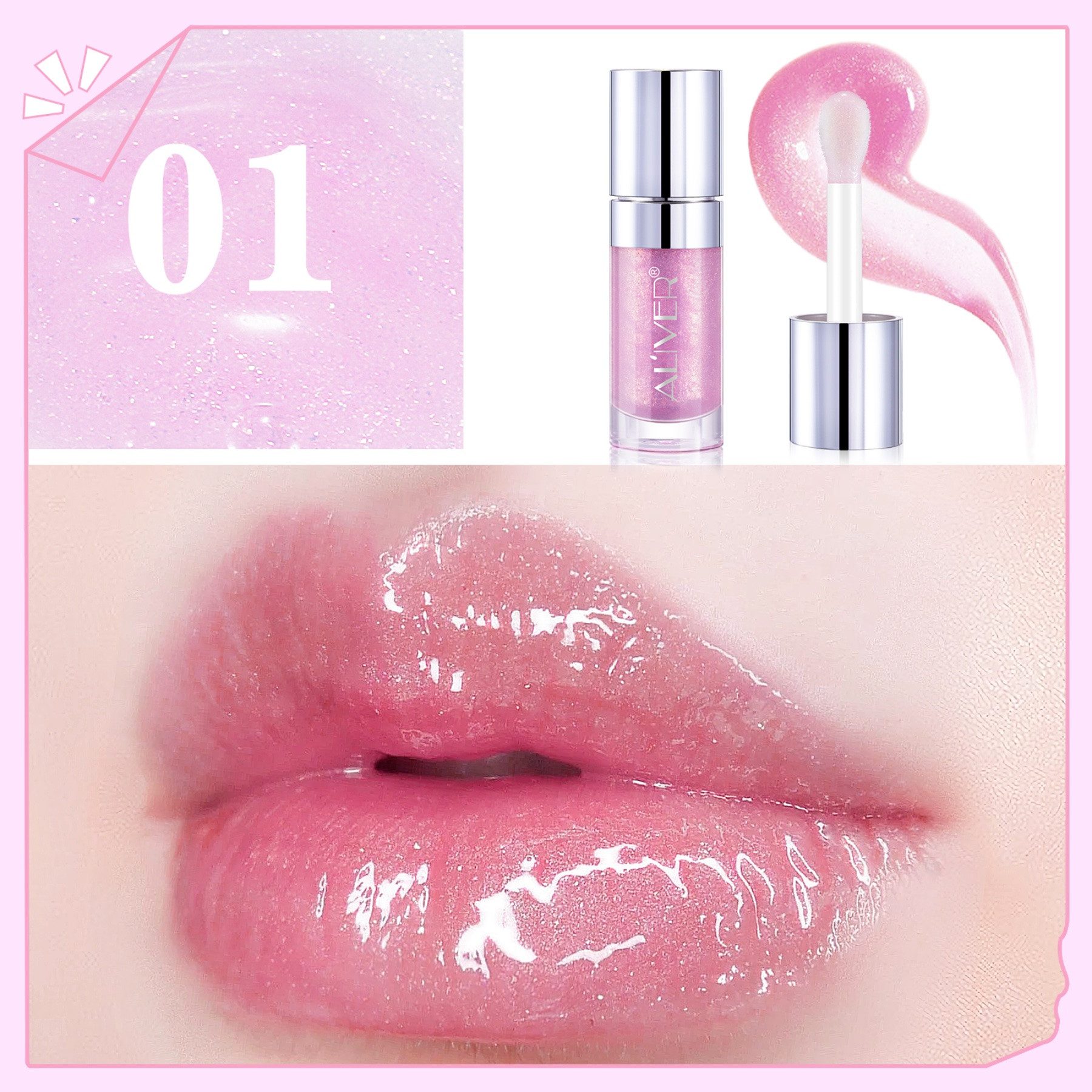 ALIVER Lippenstift Lipgloss Lippencreme Feuchtigkeitsspendender mit 3D Volumeneffekt, Lippenstift, Lip Glow, Glass-Lips-Effekt, Kirschkernöl