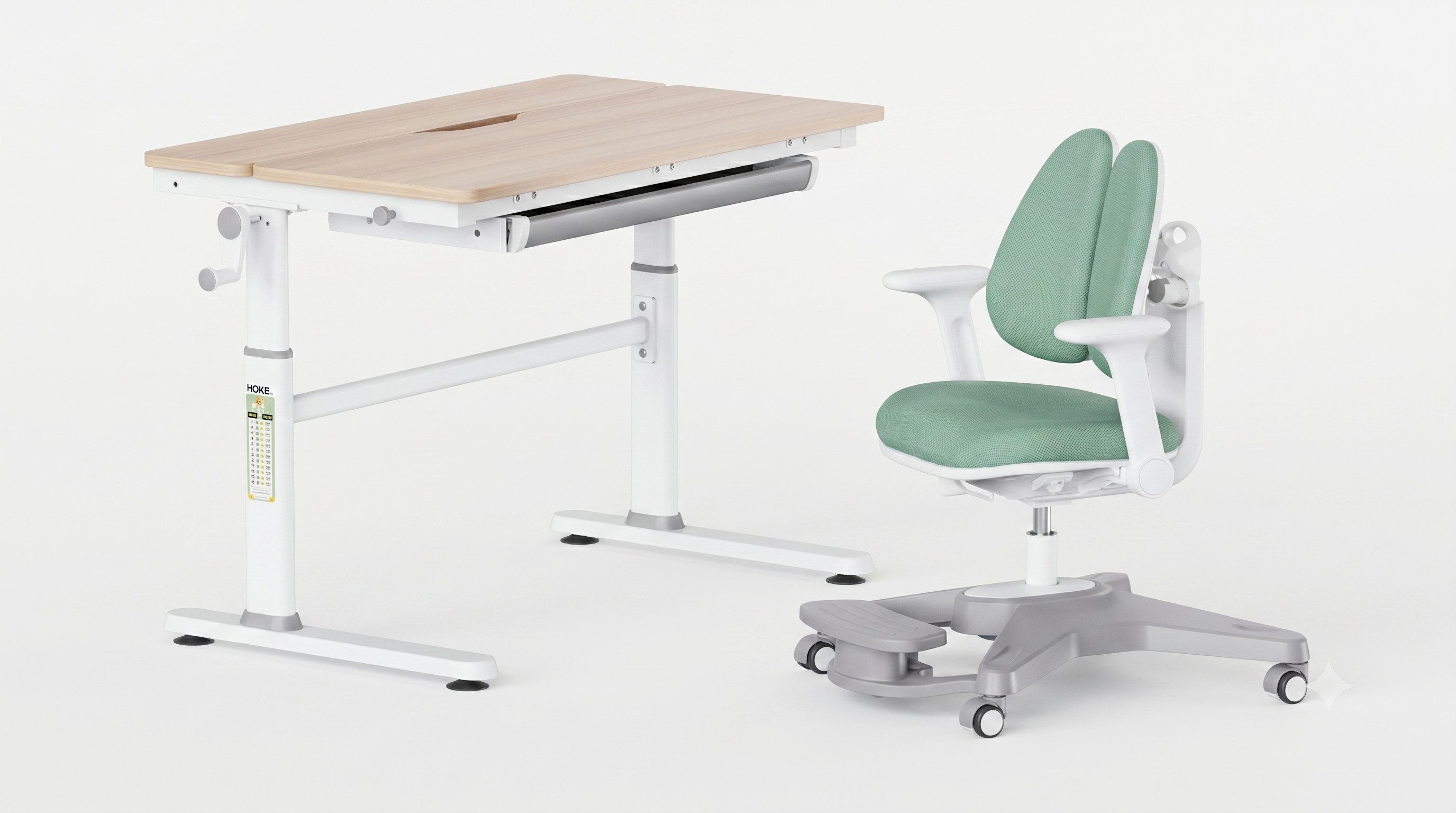 HOKO Kinderschreibtisch höhenverstellbar für Kinder ab 6 Jahren (Tisch-Stuhl-Set, Schreibtisch mit neigbarer Tischplatte & Kinderstuhl mit Fußstütze, 100x40 cm neigbar Tischplatte), 100x60 cm Arbeitsfläche,Holzoptik-Grün, LUKA & ANTON