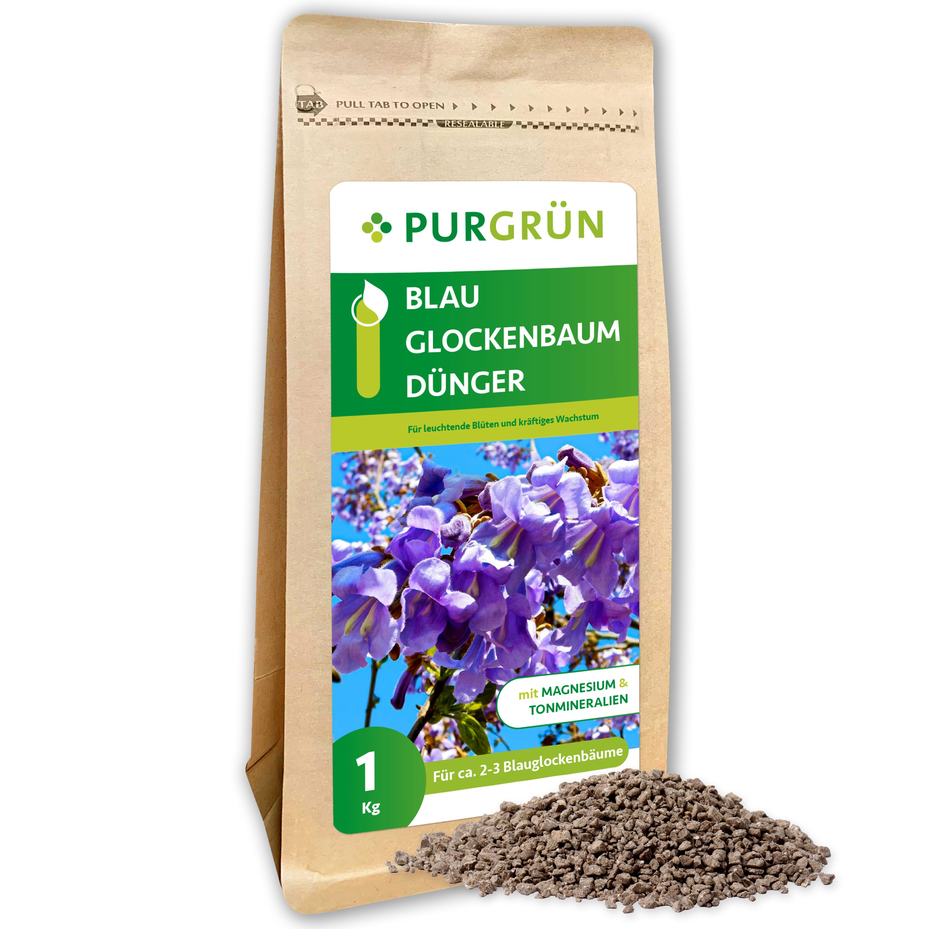 Gartendünger Purgrün Blauglockenbaum Dünger, NPK 5+4+6, Magnesium, 1 kg