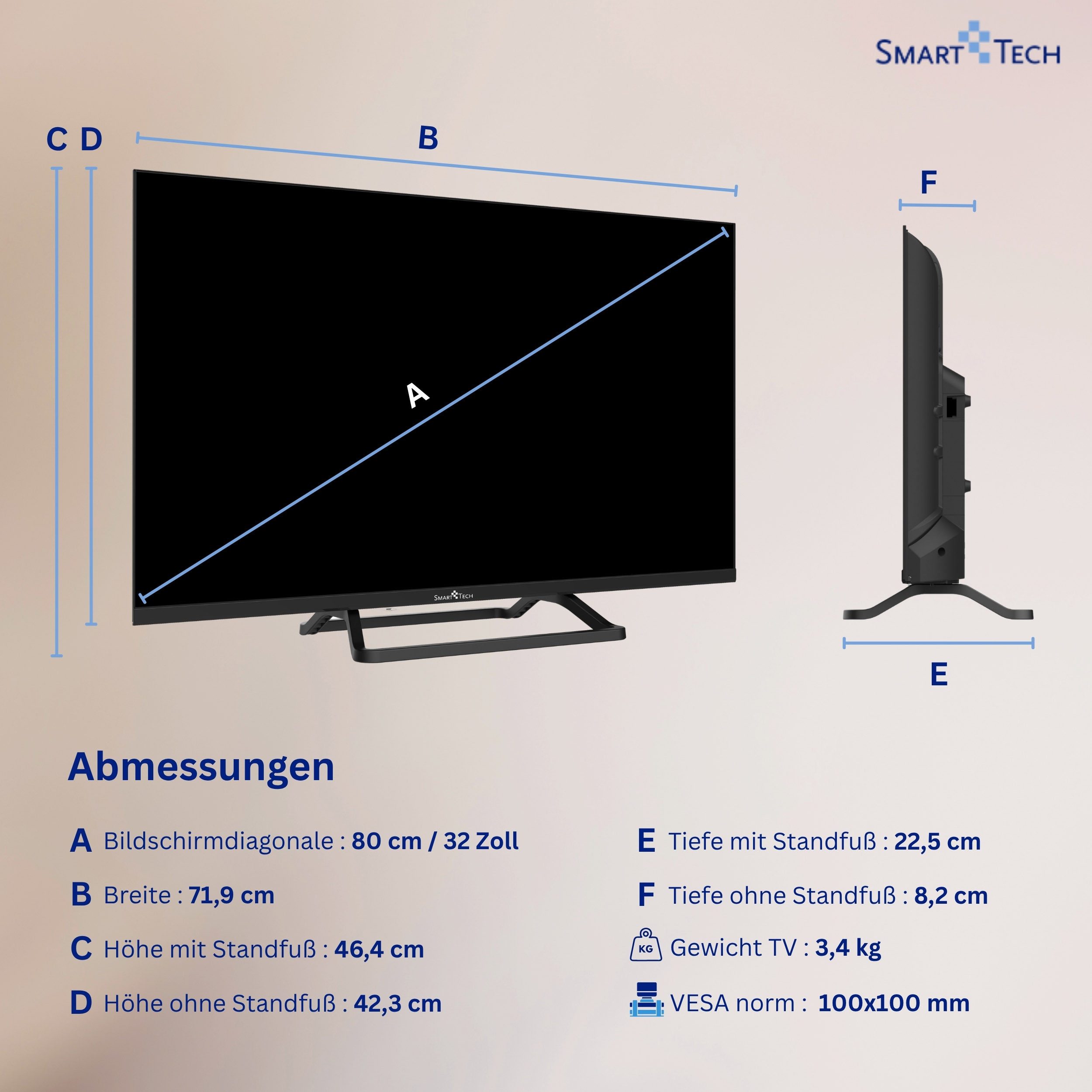 Smart Tech 32HN01V3 LED-Fernseher (81 cm/32 Zoll, HD-ready, 3x HDMI / 2x USB, integrierter Triple-Tuner)