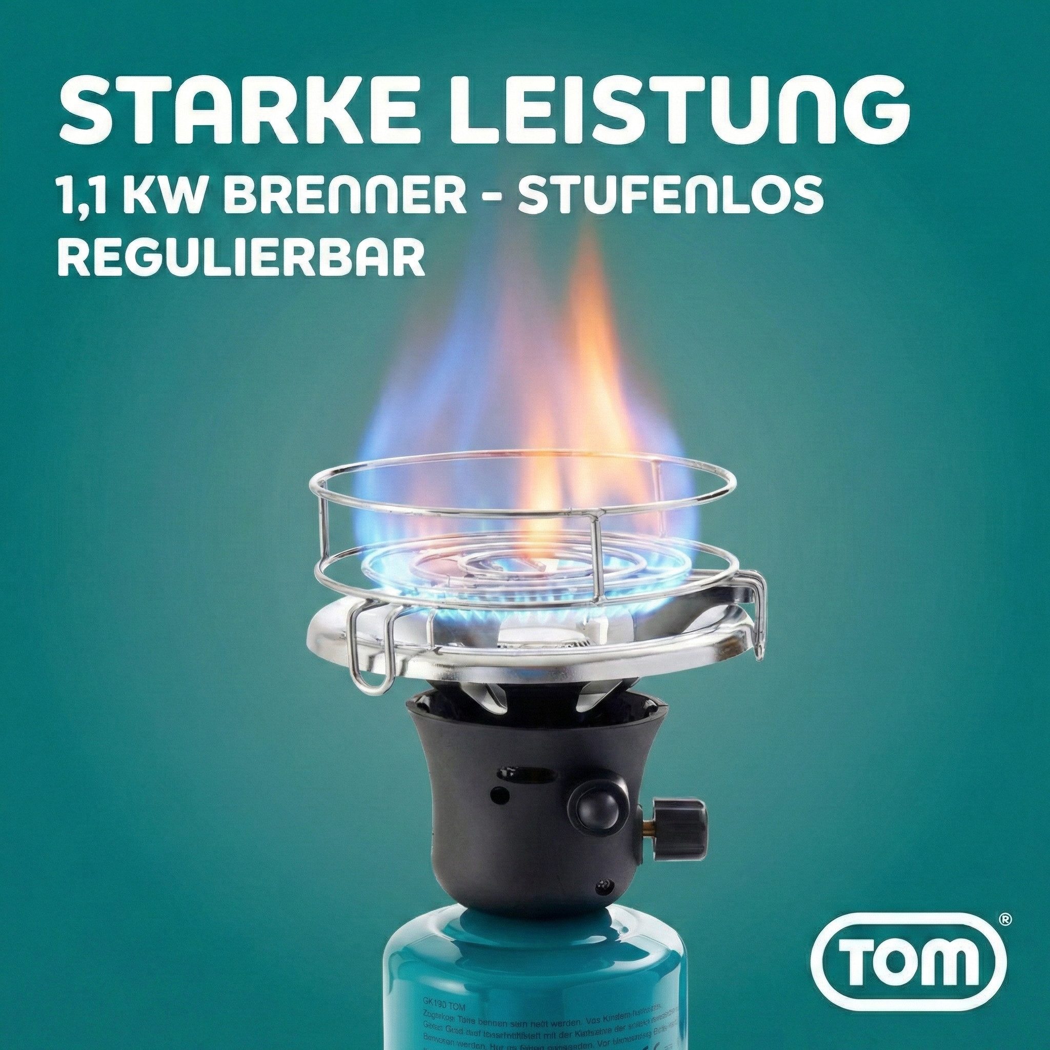 TOM Gaskocher Campingkocher optional mit 4x190g Gas Kartuschen CG-190 Butan Gas, (1-St), 1100W, Piezozündung, Windschutz, Kartuschen Kocher