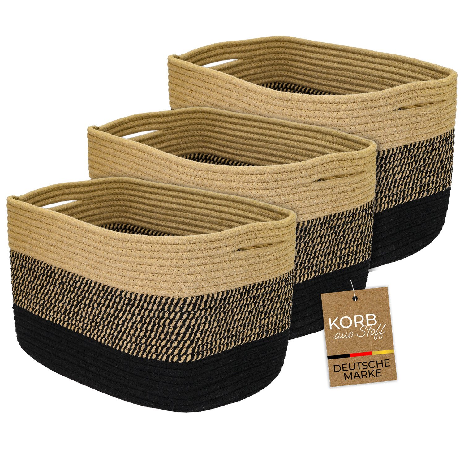 HMF Aufbewahrungskorb Aufbewahrungskorb mit versteckten Griffen (Set, 3er), Korb aus Baumwolle, 37,5 x 25 x 22,5 cm, Schwarz-Honig