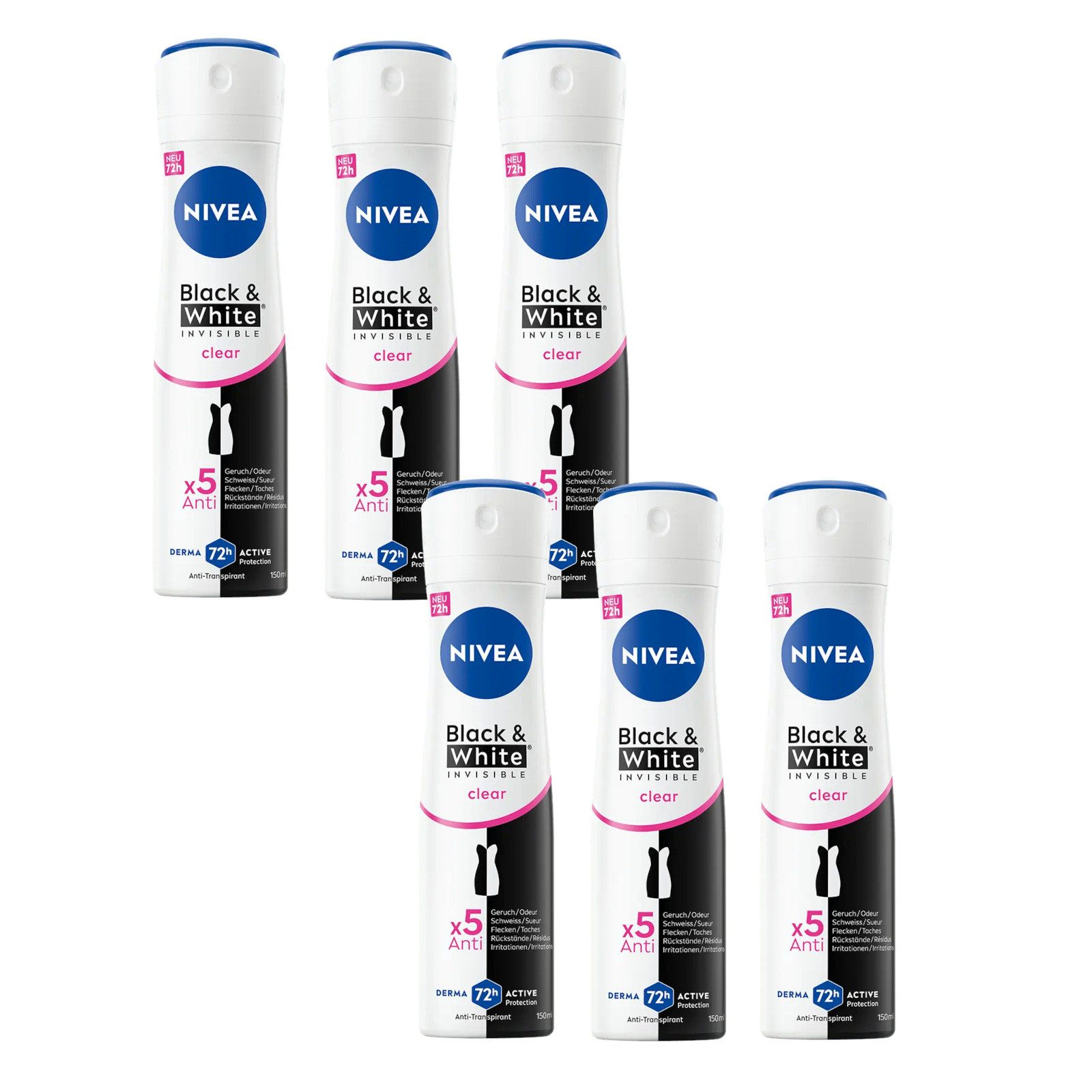 Deo-Spray Deodorant Black & White Invisible Clear Deo Spray, 6 x 150ml