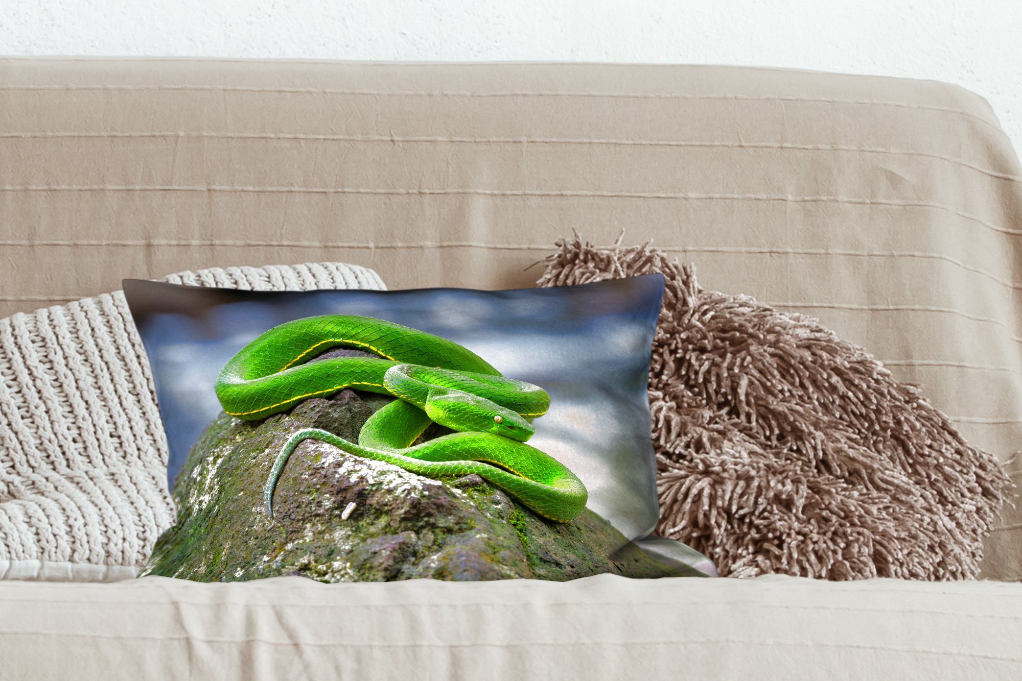 MuchoWow Dekokissen Grüne Füllung, Dekoration, Wohzimmer mit Schlafzimmer Dekokissen Schlange auf Stein, Zierkissen
