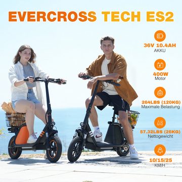 EVERCROSS TECH E-Bike ES2 Elektrofahrrad, 374.4 wh Trekking Maximal 45km, Heckmotor, Heckmotor, 12-Zoll-Pneumatikreifen und Einkaufskorb(Führerschein erforderlich)