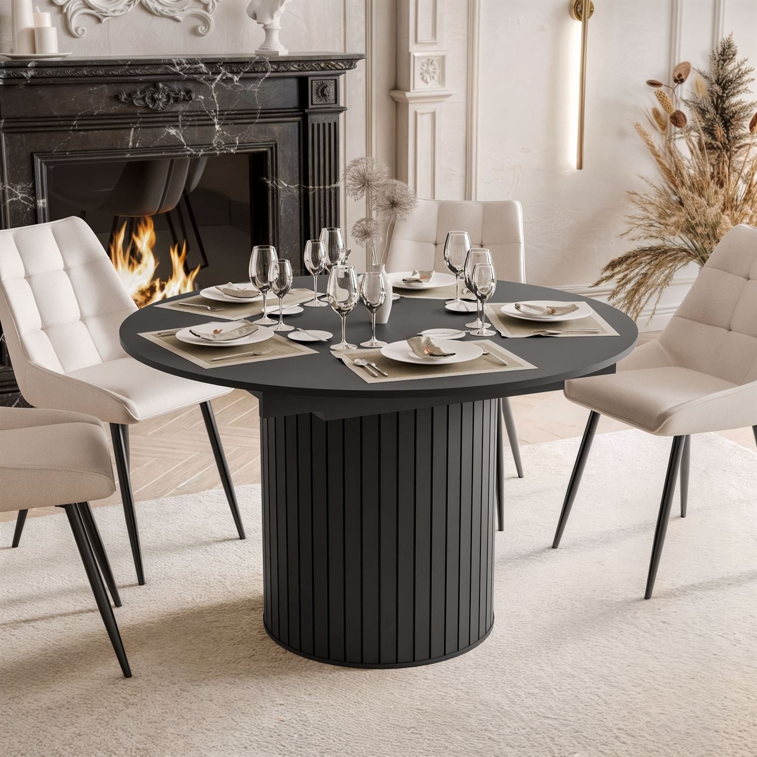 yourhouse24 Esstisch LINNEA Ø120-160cm Ausziehbar Säule Lamellen (Einzeltisch, 1-St., 1x Esstisch), Säule in Lamellen-Optik, Kaschmir & Schwarz