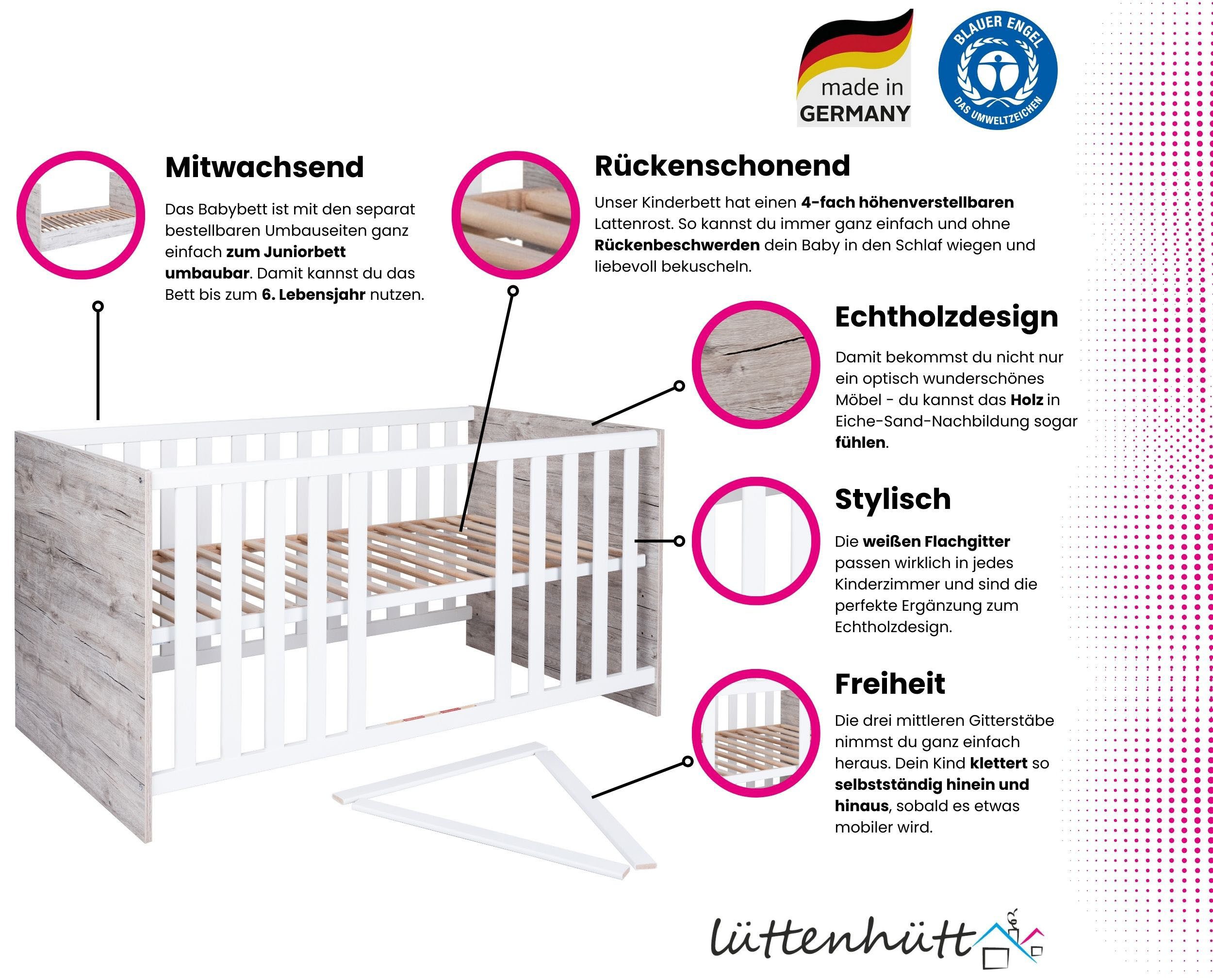 Home affaire Rieke complete baby room set, furniture that grows with your child until adolescence, great for small rooms (4-piece set: crib, under-bed storage for changing table, wardrobe, changing table), Made in Germany, Blue Angel certified, timeless design